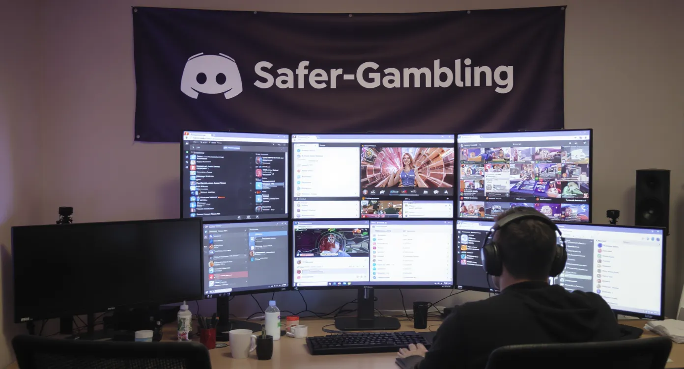 A community manager monitors multiple Discord channels on a large screen while a safer-gambling banner is prominently displayed on the wall behind them, emphasizing oversight and compliance.