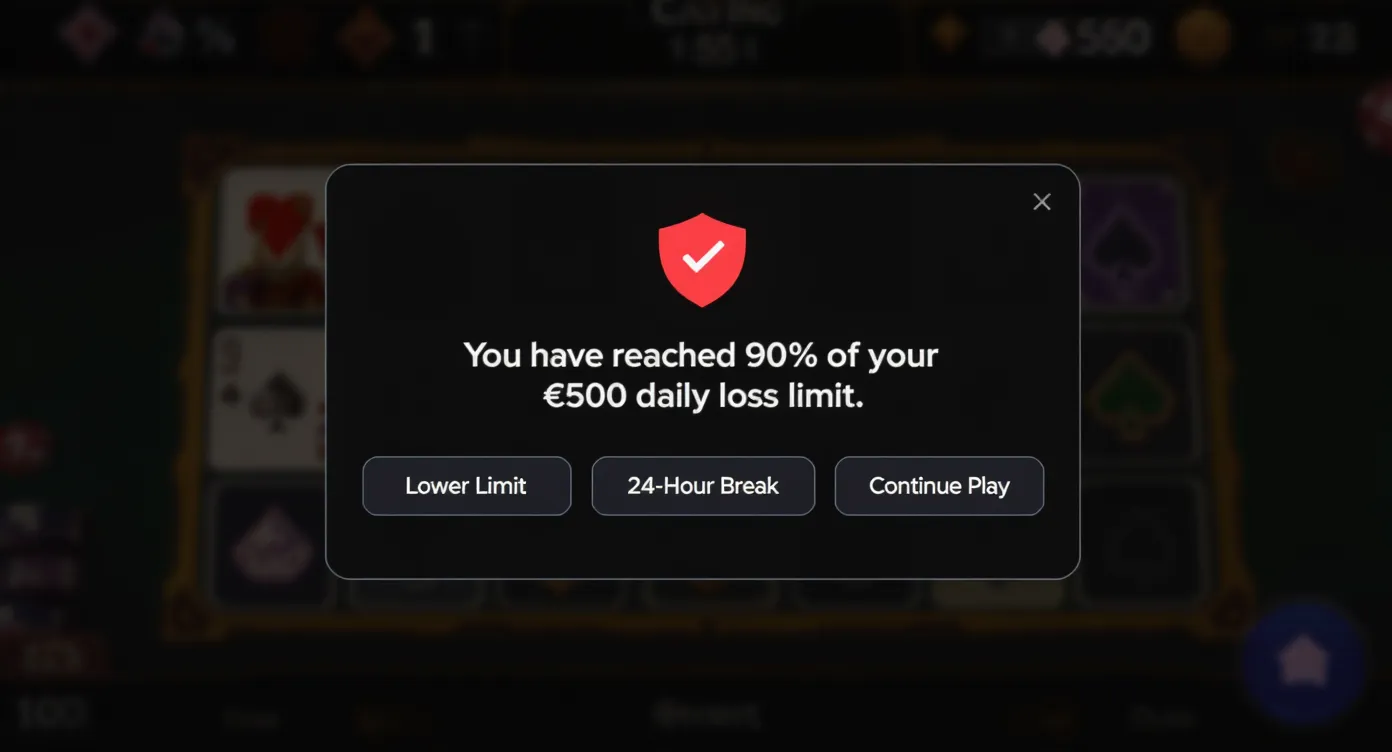 A dark casino game screen dimmed while a centered rectangular modal with a red shield icon warns: “You have reached 90 % of your €500 daily loss limit.” Below, three evenly spaced buttons read “Lower Limit”, “24-Hour Break”, and “Continue Play”. Background blur emphasizes the modal.