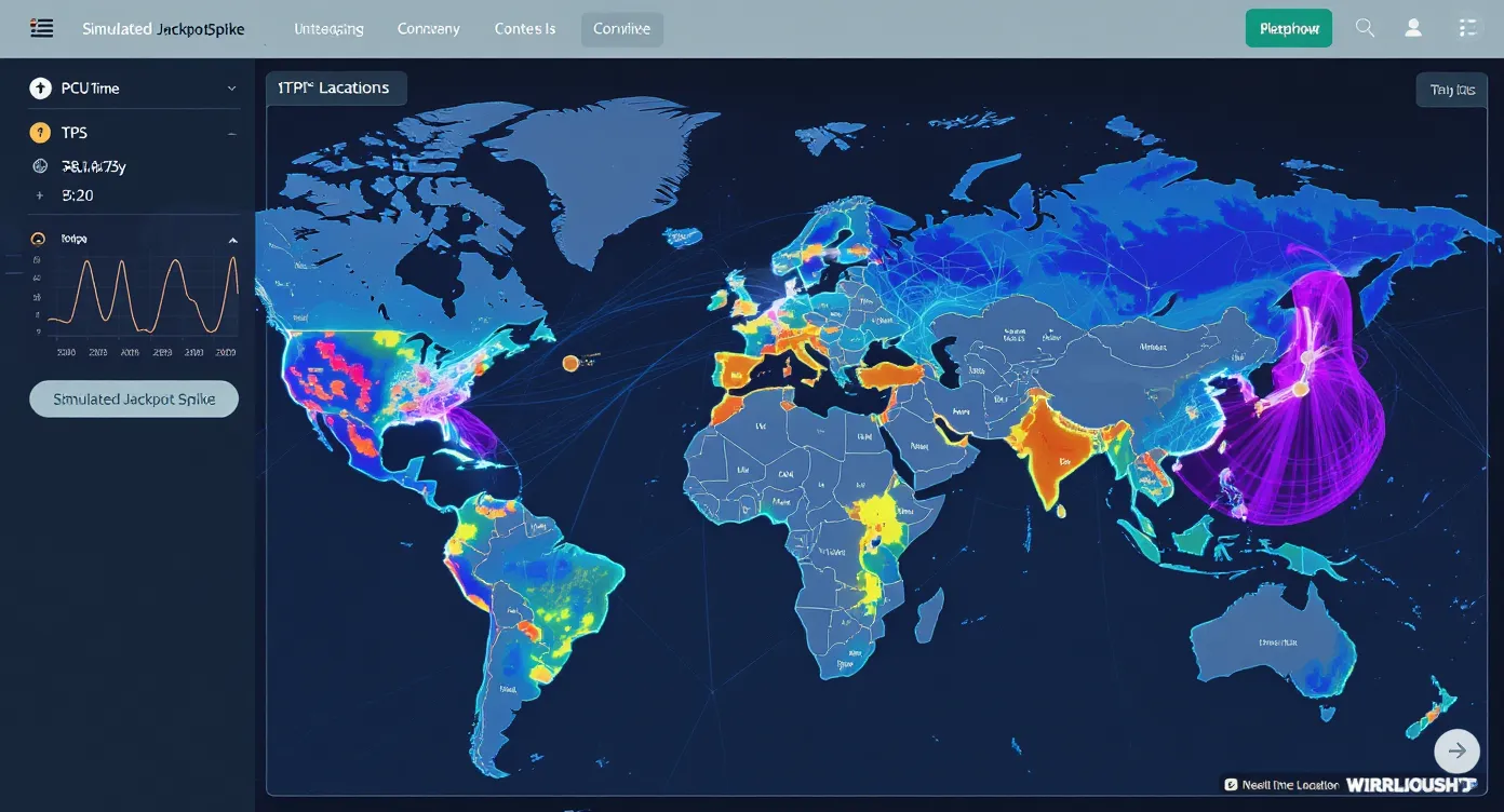 A data-driven dashboard shows real-time graphs for PCU, TPS and latency during a simulated jackpot spike, with traffic heatmaps overlayed on a world map of player locations.