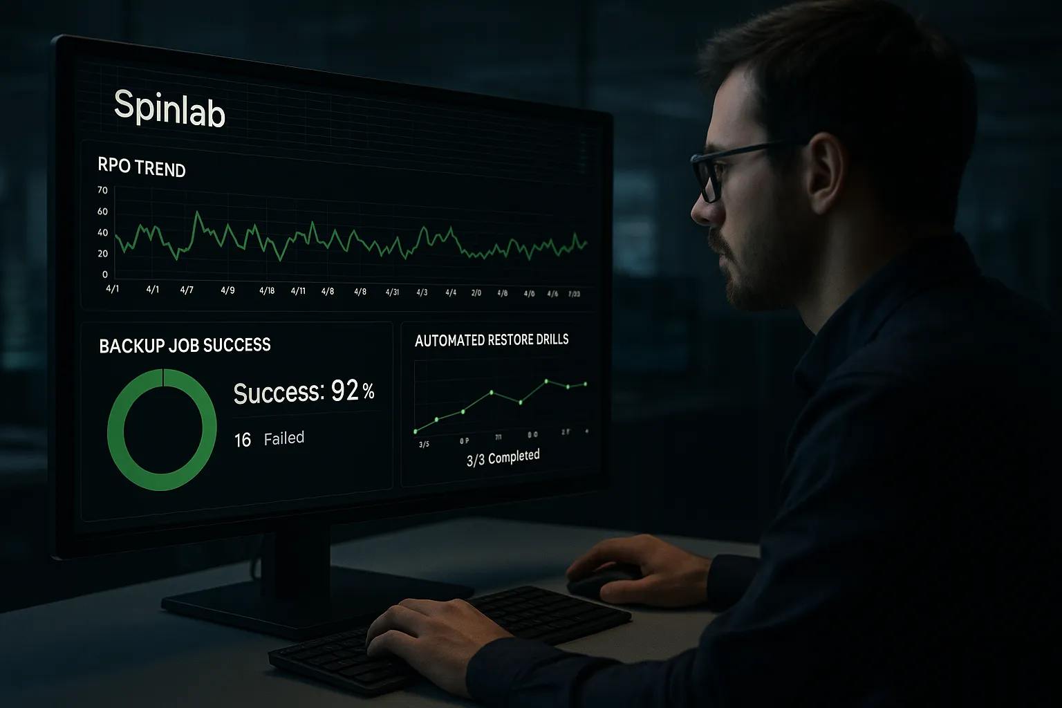A DevOps engineer reviews a Spinlab dashboard showing RPO trend lines, backup job success rates, and automated restore drill results, all on a dark theme interface similar to a modern trading terminal.