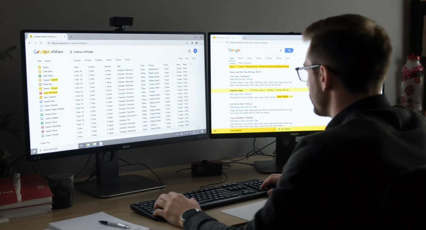 A digital marketing specialist sits at a dual-monitor workstation. One screen displays a spreadsheet of casino affiliate prospects generated from Boolean searches, while the other shows Google results with advanced operators highlighted in yellow.