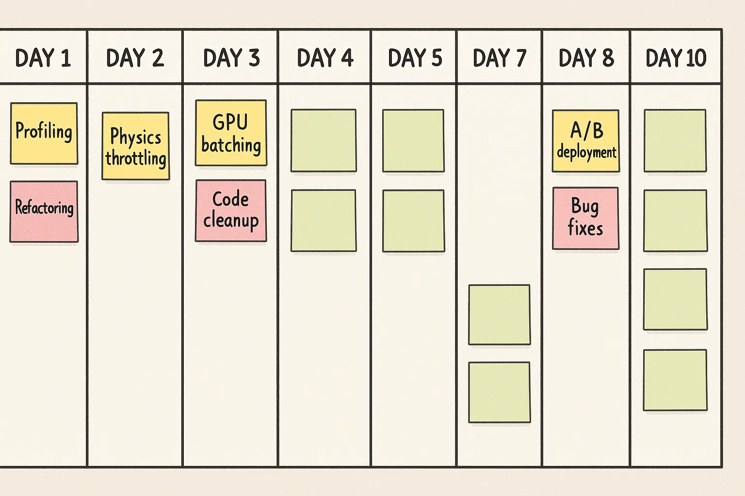 A Kanban board divided into 10 columns representing each day of the optimisation sprint, with sticky notes for tasks like profiling, physics throttling, GPU batching, and A/B deployment.