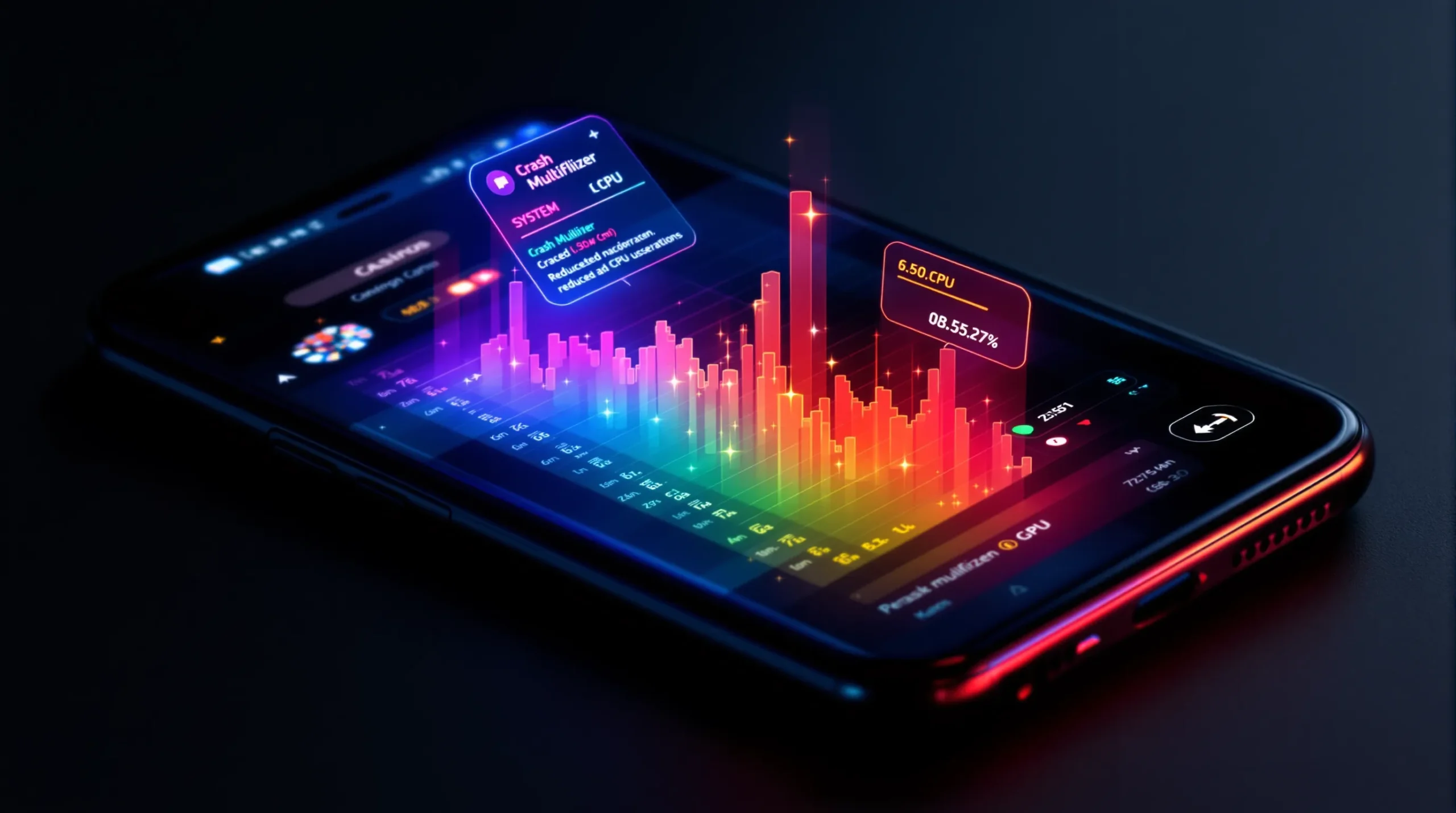 A mobile phone displaying a colourful crash multiplier graph over a dark casino interface, while system overlays highlight reduced GPU and CPU usage thanks to optimised frame rendering.