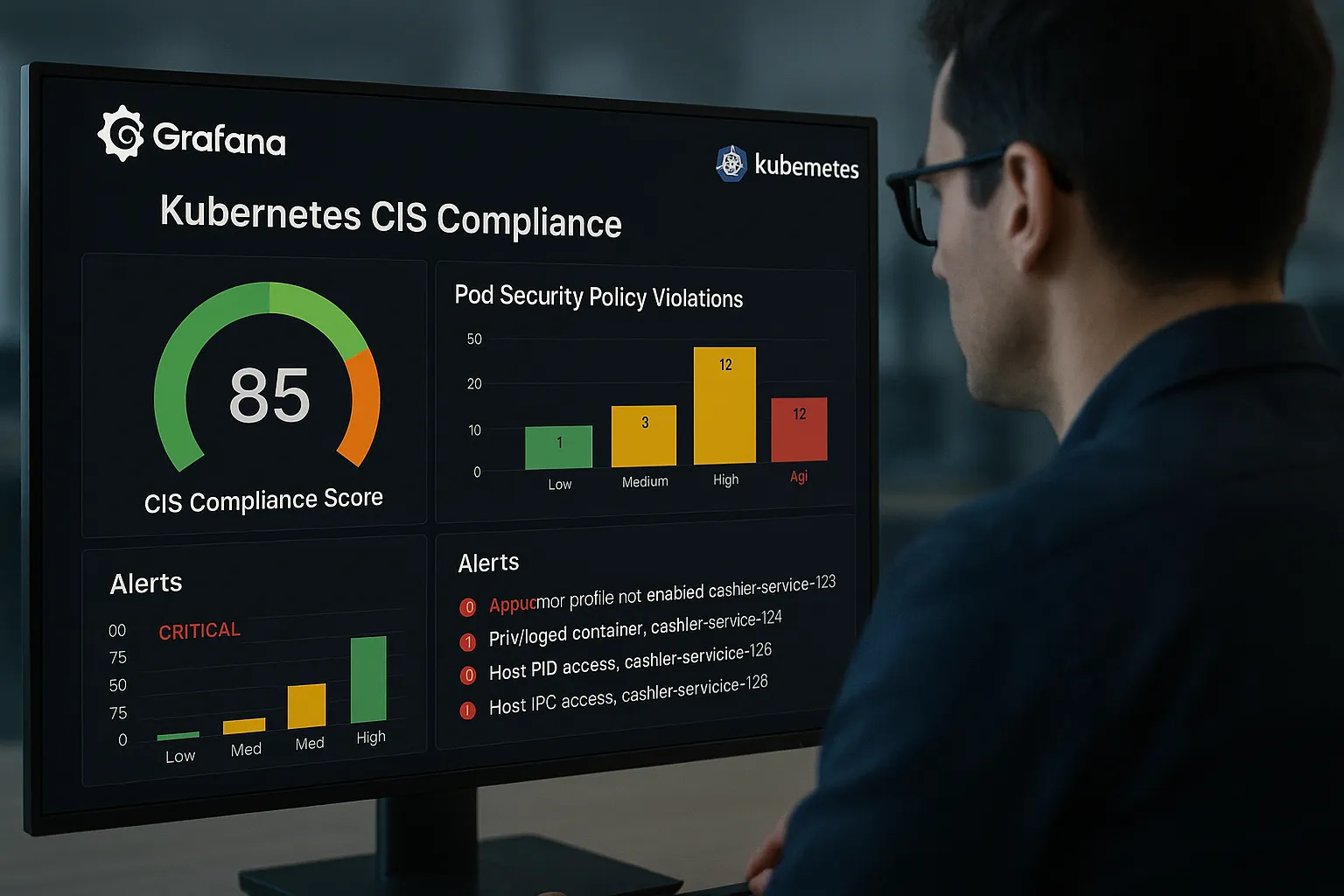 A security engineer reviewing a Grafana dashboard showing Kubernetes CIS compliance scores, pod security policy violations, and real-time alerts for cashier microservices in an iGaming environment.