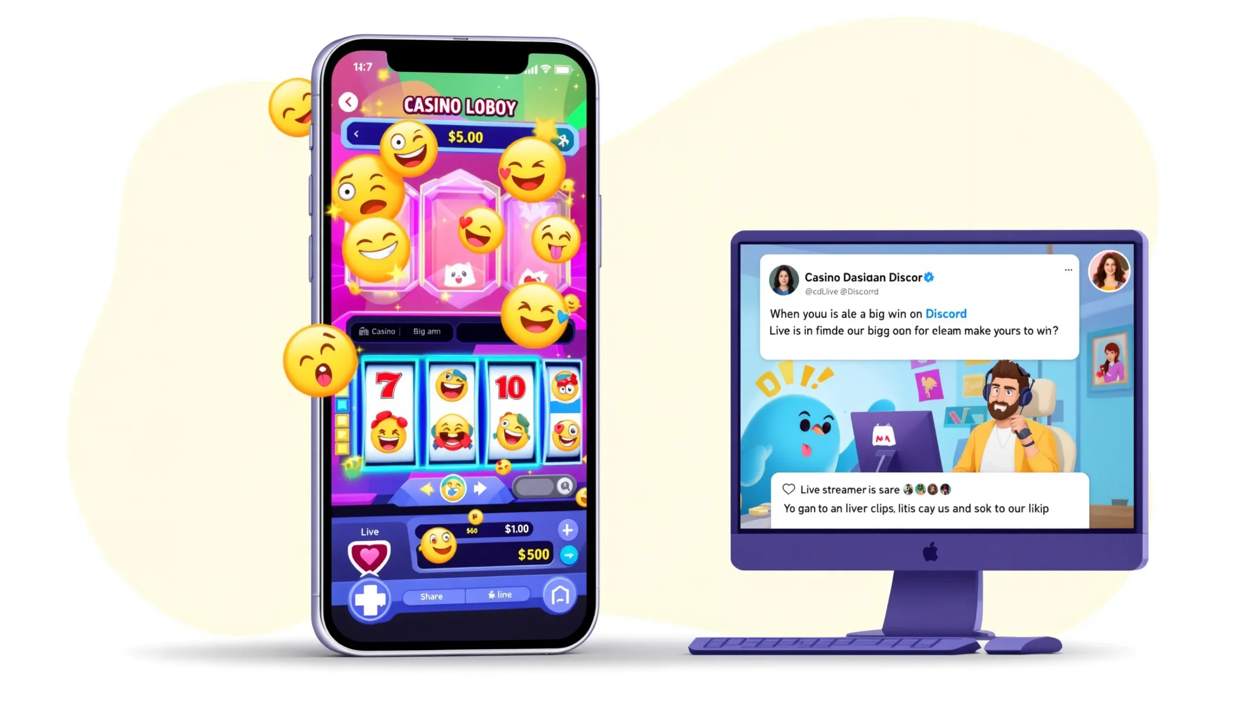 A smartphone displaying a colorful meme-inspired casino lobby, complete with animated emoji reactions popping up over slot reels, while a second screen shows a streamer sharing a big win clip to Discord.