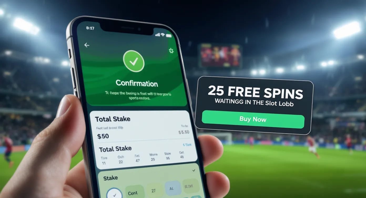 A smartphone screen showing a sports betting slip just confirmed, with a pop-up coupon announcing “25 FREE SPINS waiting in the Slot Lobby”. Background highlights a soccer stadium under floodlights.