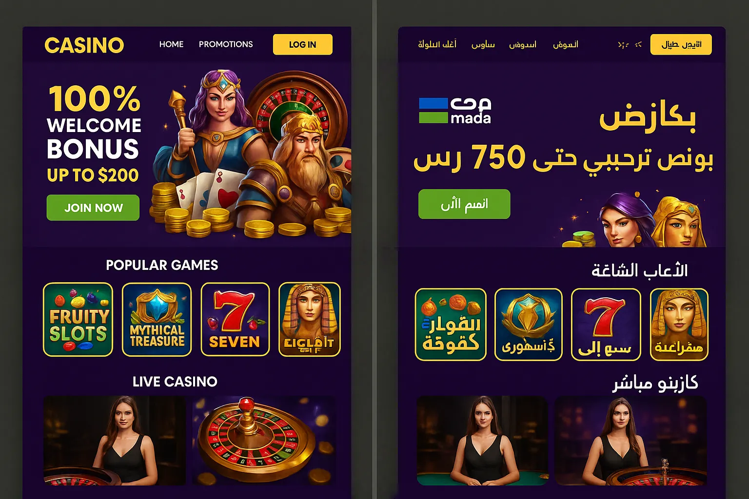 A split-screen comparison: on the left, a cluttered English-language casino landing page; on the right, the same page perfectly adapted for right-to-left Arabic layout, localized currency, and Mada logo.
