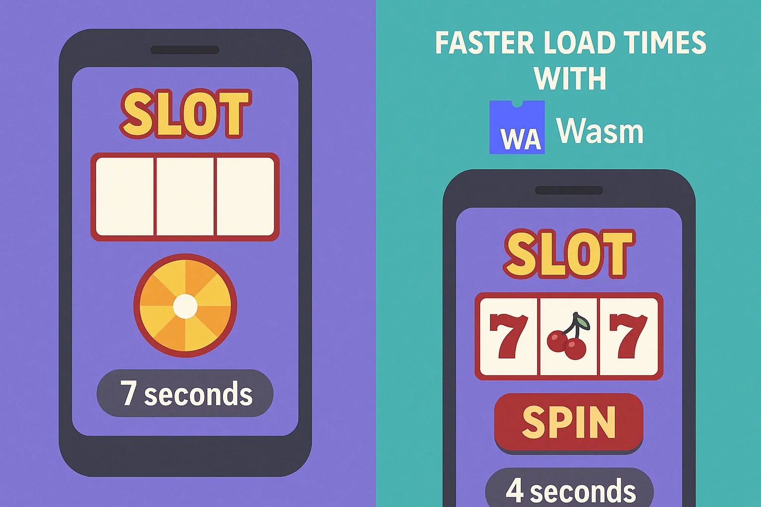 A split-screen illustration of a mobile phone showing a slot loading with a spinning wheel at 7 seconds on the left and a phone on the right showing the same slot ready to play at 4 seconds, emphasising faster load times with WebAssembly.
