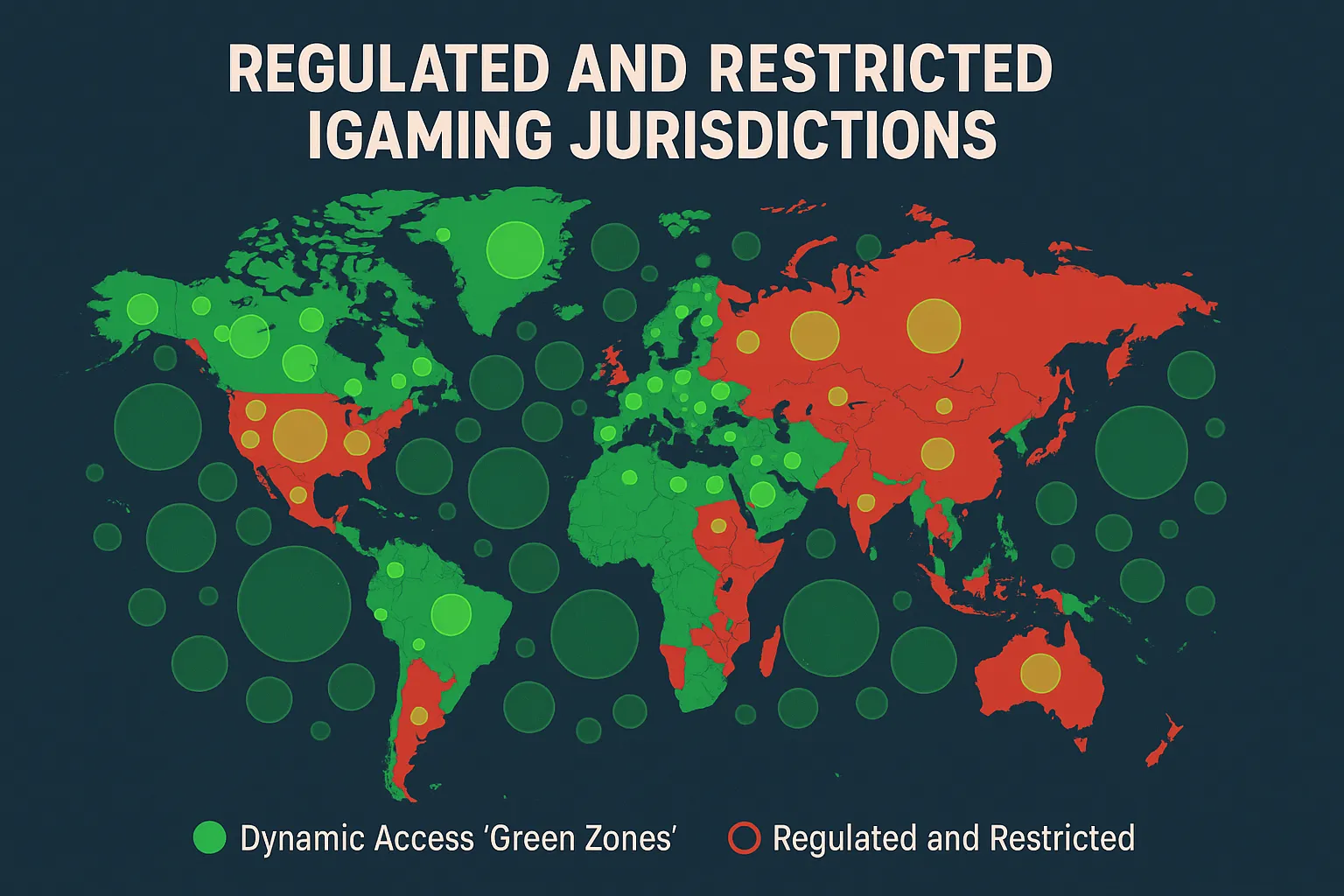 A stylized world map highlighting regulated and restricted iGaming jurisdictions, overlaid with dynamic access “green zones” representing a real-time whitelist system.