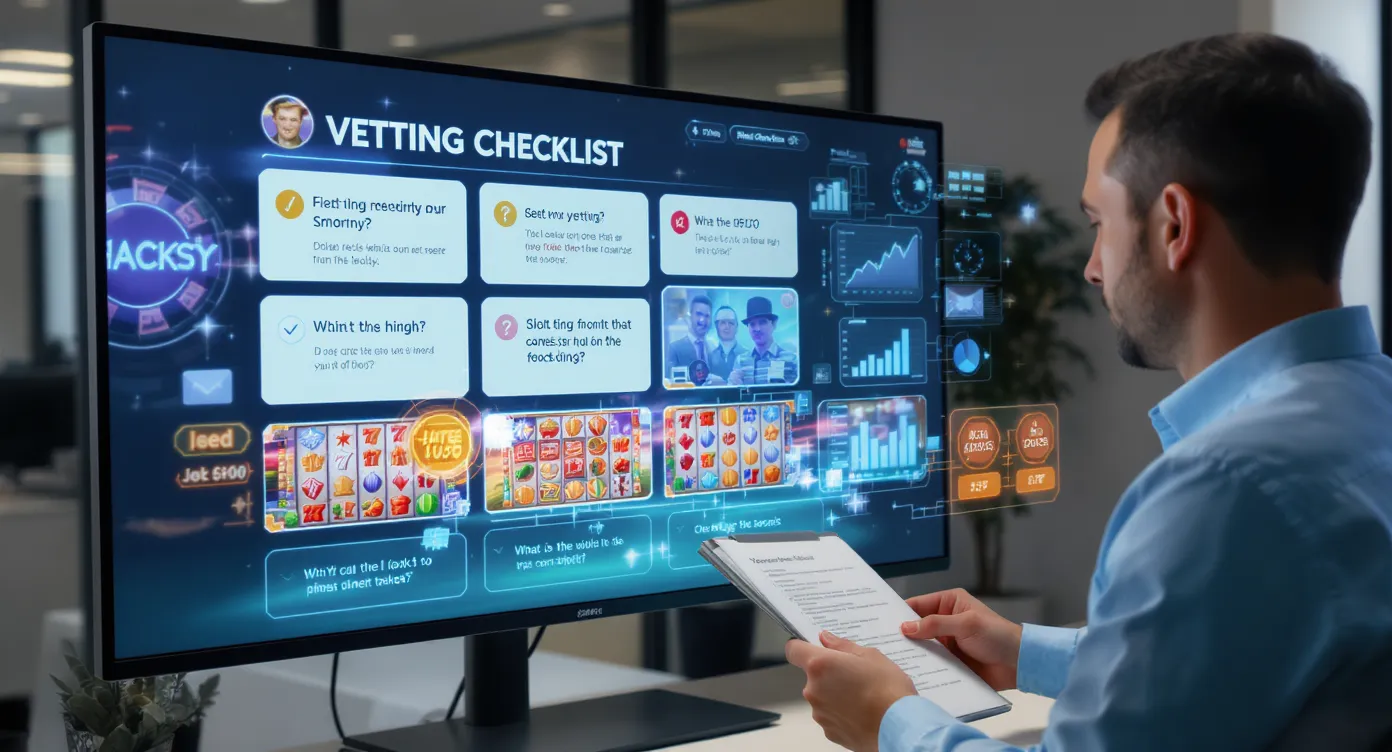 An online-casino operations manager reviews a checklist on a large screen showing six vetting questions, while Hacksaw slot thumbnails and KPI charts float as holographic overlays in a modern office setting.