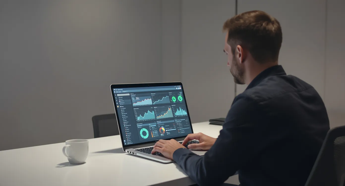 An operator reviewing real-time dashboards on a laptop in a minimalist office, with performance charts glowing and a coffee mug beside the keyboard.