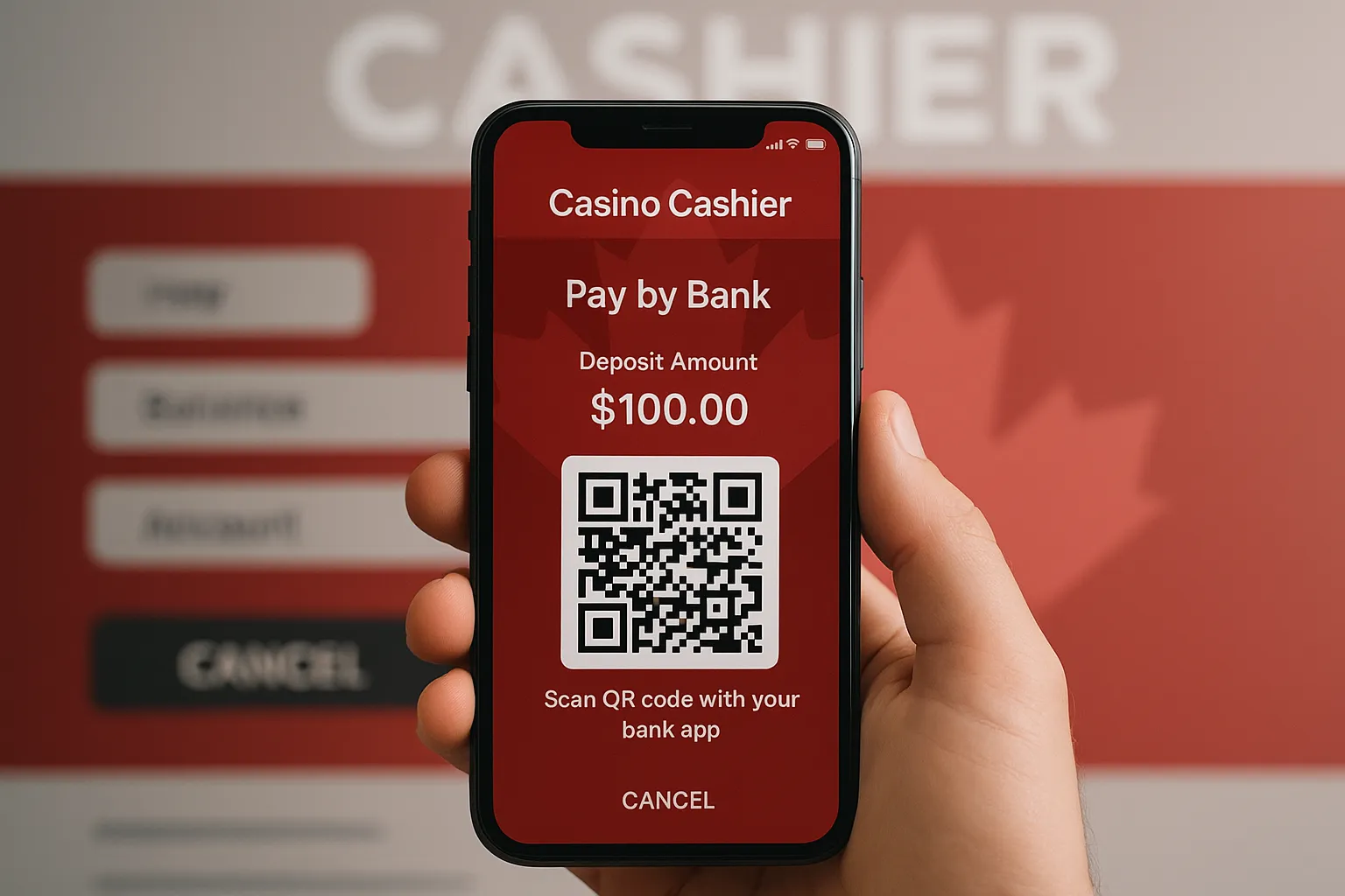 Canadian player completing a QR-code Pay-by-Bank deposit on a mobile casino cashier; background shows maple leaf icon subtly integrated into the UI.