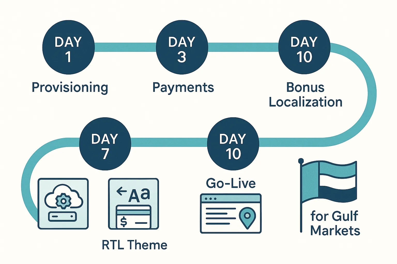 Illustrated timeline showing a 14-day roadmap: day 1 provisioning, day 3 payments, day 7 RTL theme, day 10 bonus localization, day 14 go-live for Gulf markets.