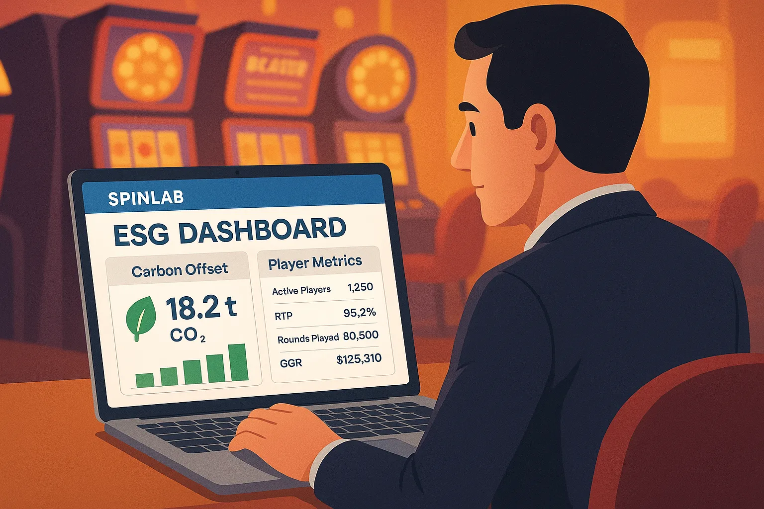 Illustration of a casino operator viewing Spinlab’s ESG dashboard on a laptop, with carbon offset data integrated next to real-time player metrics