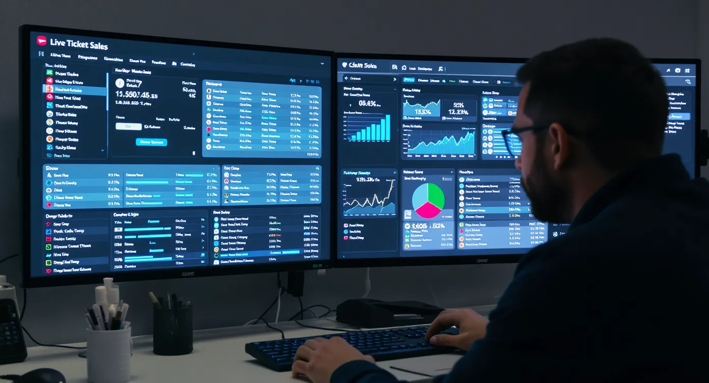 Operator peering at a dashboard that visualises live ticket sales, wallet inflows, draw countdown timers, and compliance alerts on multiple monitors in a secure operations centre.