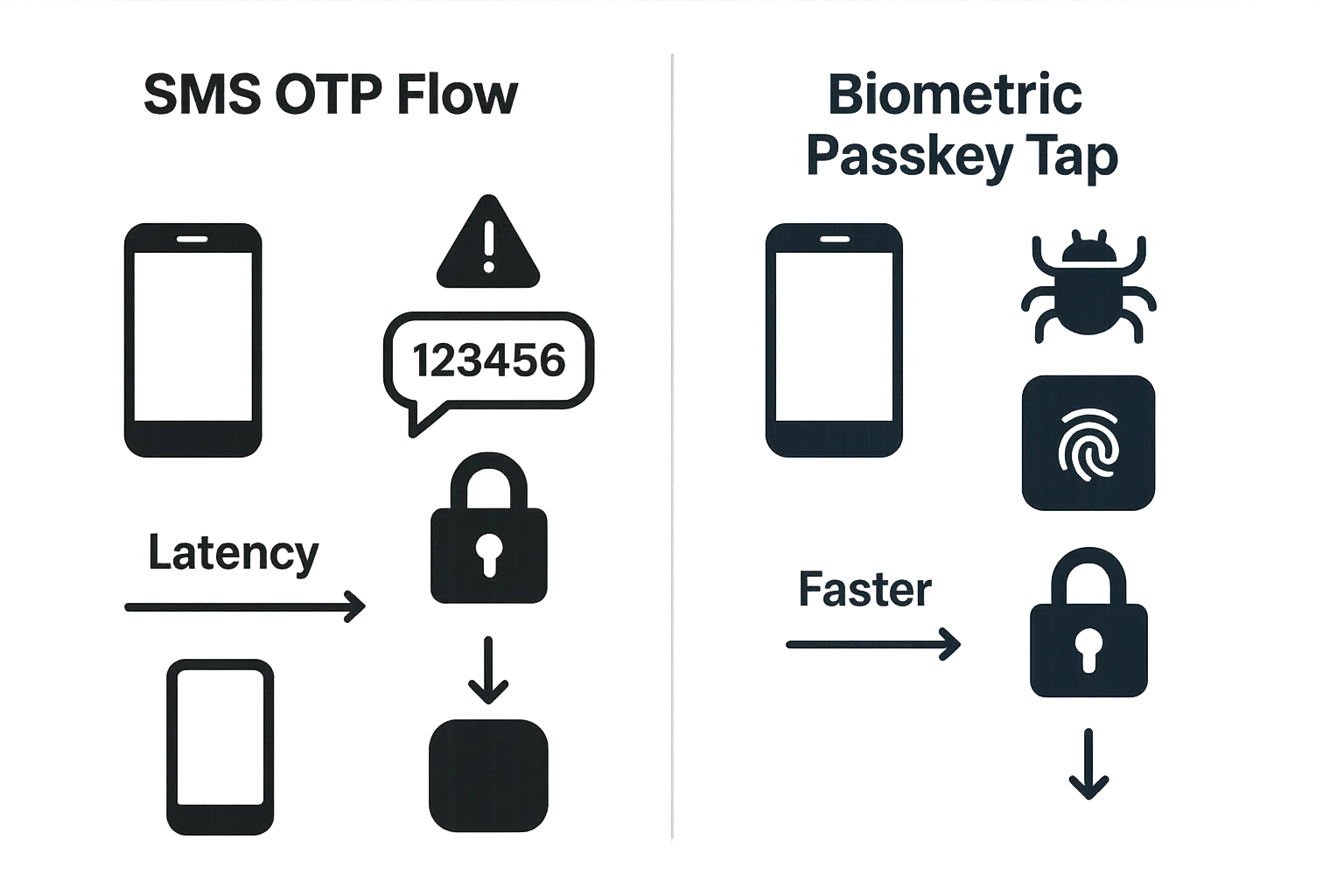 Split-screen infographic comparing SMS OTP flow (left) vs biometric passkey tap (right) with latency arrows and attack icons.