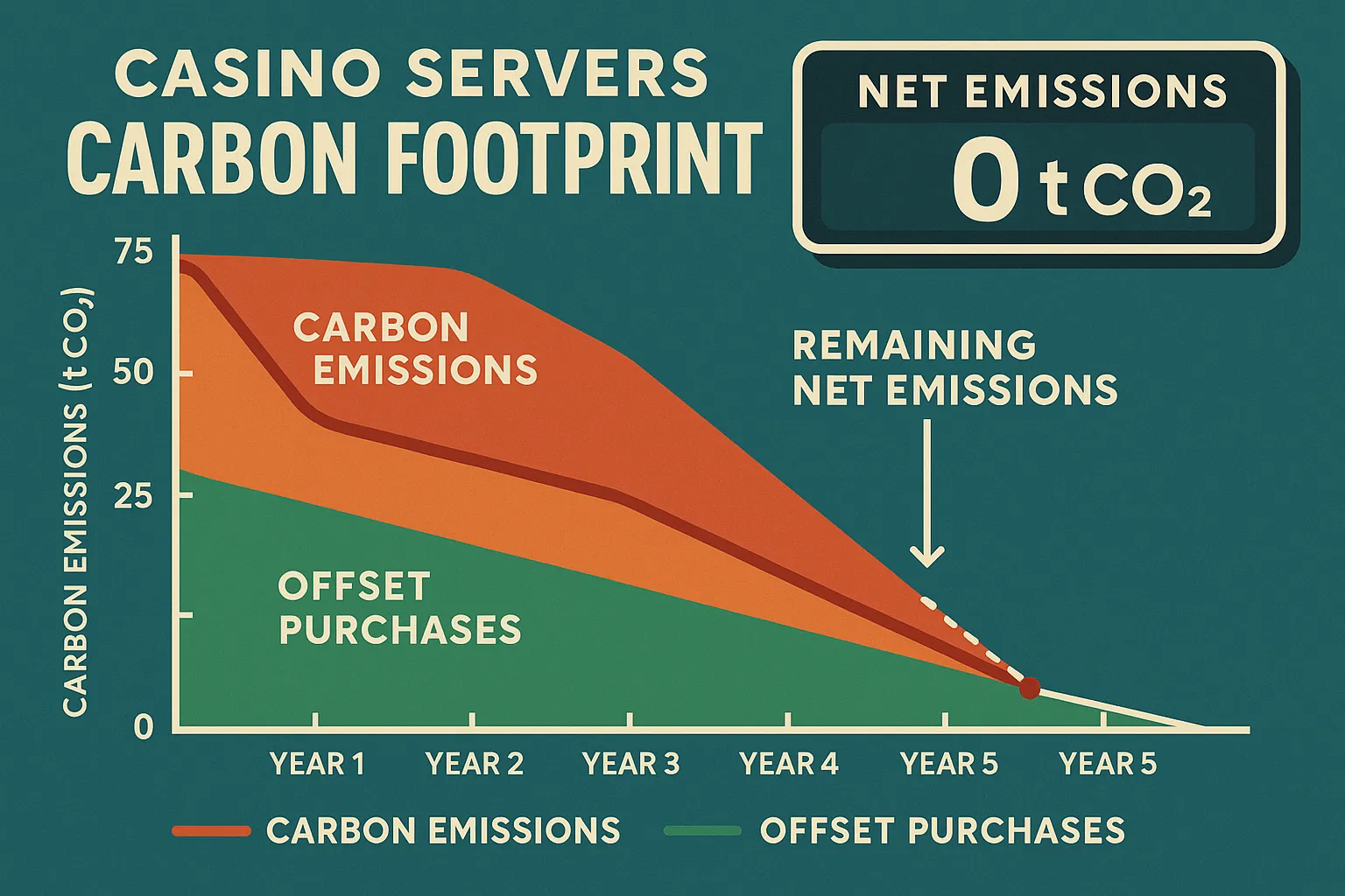 Stylised dashboard showing carbon footprint of casino servers over time with an overlay of offset purchases and remaining net emissions dropping to zero