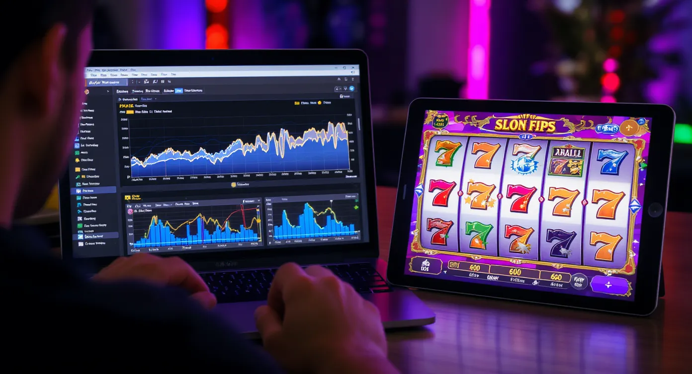 A front-end developer monitors a real-time FPS graph on a laptop while colorful slot reels spin smoothly on an adjacent tablet and smartphone. Both devices show consistent 60 FPS readings, highlighting optimized cross-platform performance.