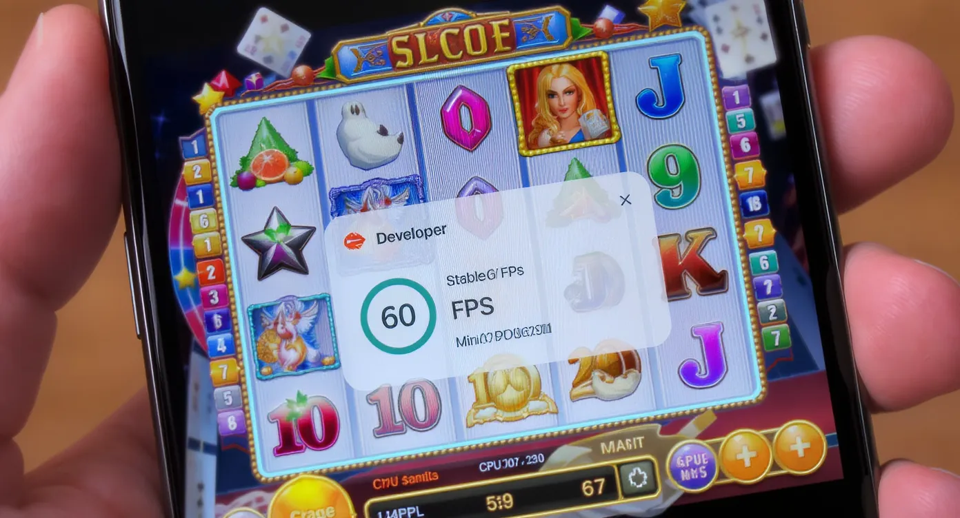 Close-up of a smartphone showing a performant slot game with a developer overlay displaying a stable 60 FPS counter and minimal CPU/GPU usage.
