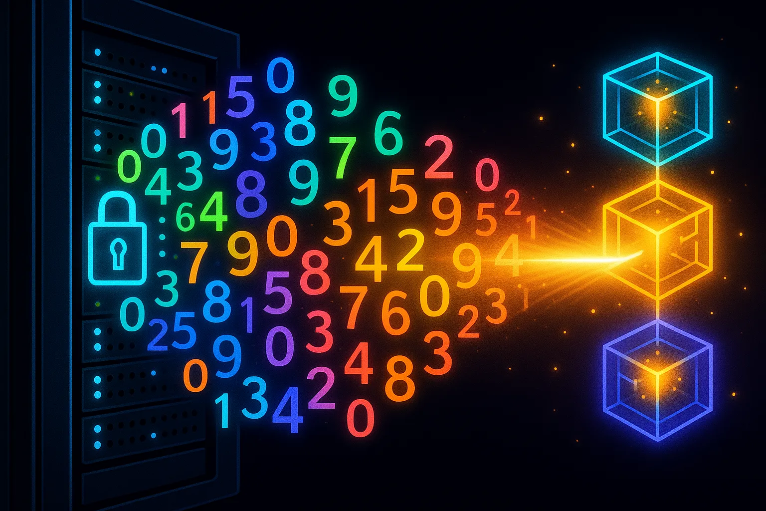 A close-up conceptual visualization of multicoloured numbers emerging from a secure server rack on the left and merging with glowing blockchain blocks on the right, symbolising the fusion of PRNG and blockchain entropy into a single beam of light.