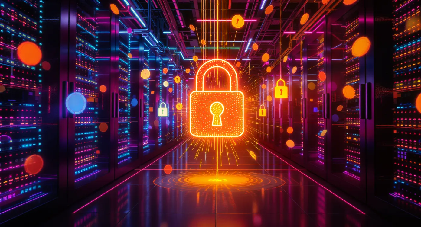 A neon-lit online casino server room with quantum-secure padlocks floating above network cables, symbolizing the transition from classical to post-quantum TLS in iGaming infrastructure.