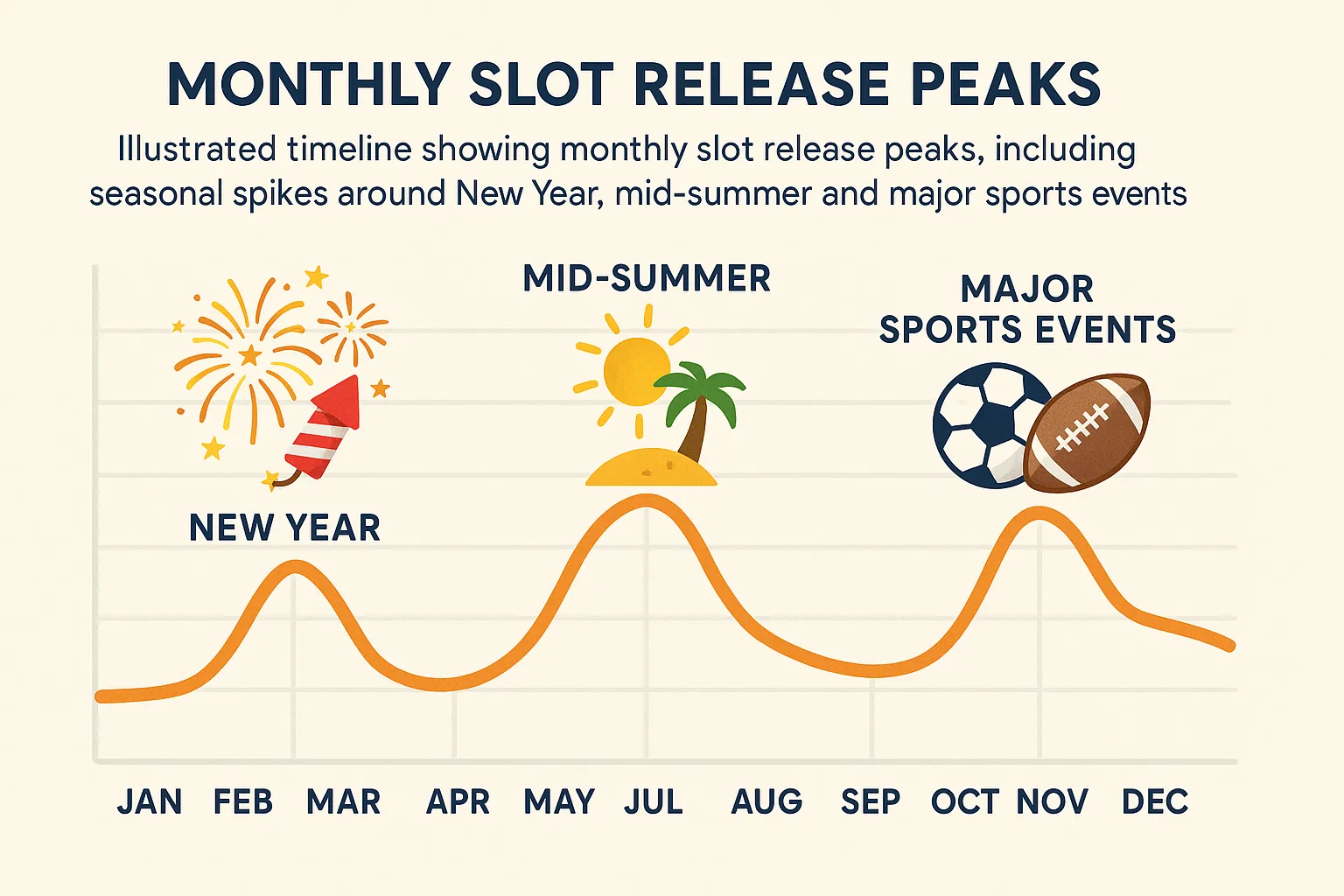 Illustrated timeline showing monthly slot release peaks, including seasonal spikes around New Year, mid-summer and major sports events.