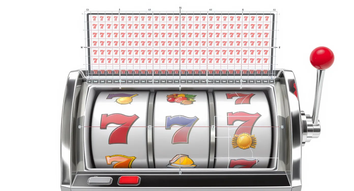 Illustration of a five-reel slot machine showing physical reels and an overlaid grid of hidden virtual stops, with certain symbols highlighted to depict unequal weighting probabilities.