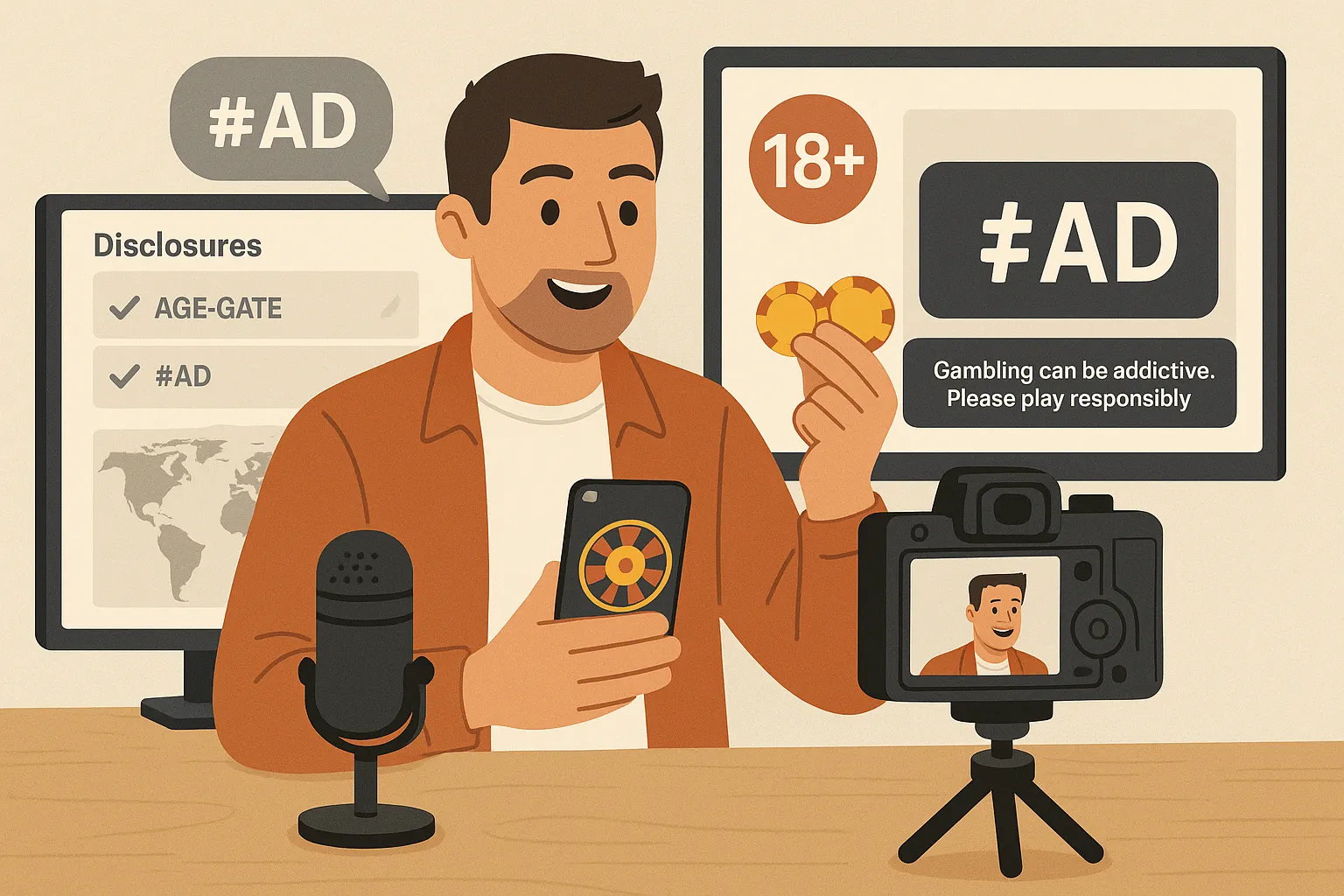 Illustration of an influencer recording a gambling promo with compliance checkpoints (age-gate icon, #ad label, legal disclaimer overlay) and a back-office dashboard tracking disclosures and geographical reach.