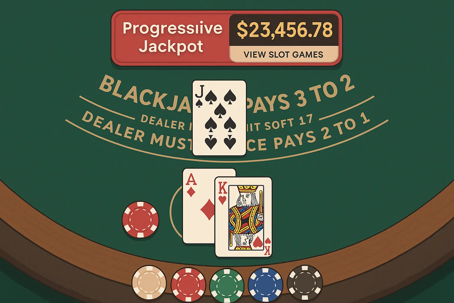 Illustration of an online blackjack table UI where a discreet progressive jackpot ticker hovers above the chip tray, enticing the player to click and view eligible slot games.