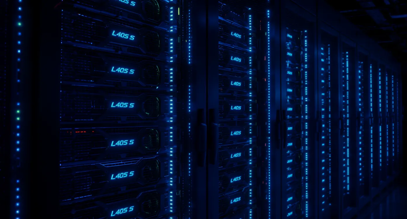 Rows of rack servers fitted with NVIDIA L40S GPUs emitting soft blue LED light, representing the back-end rendering farm powering a multi-player VR casino.
