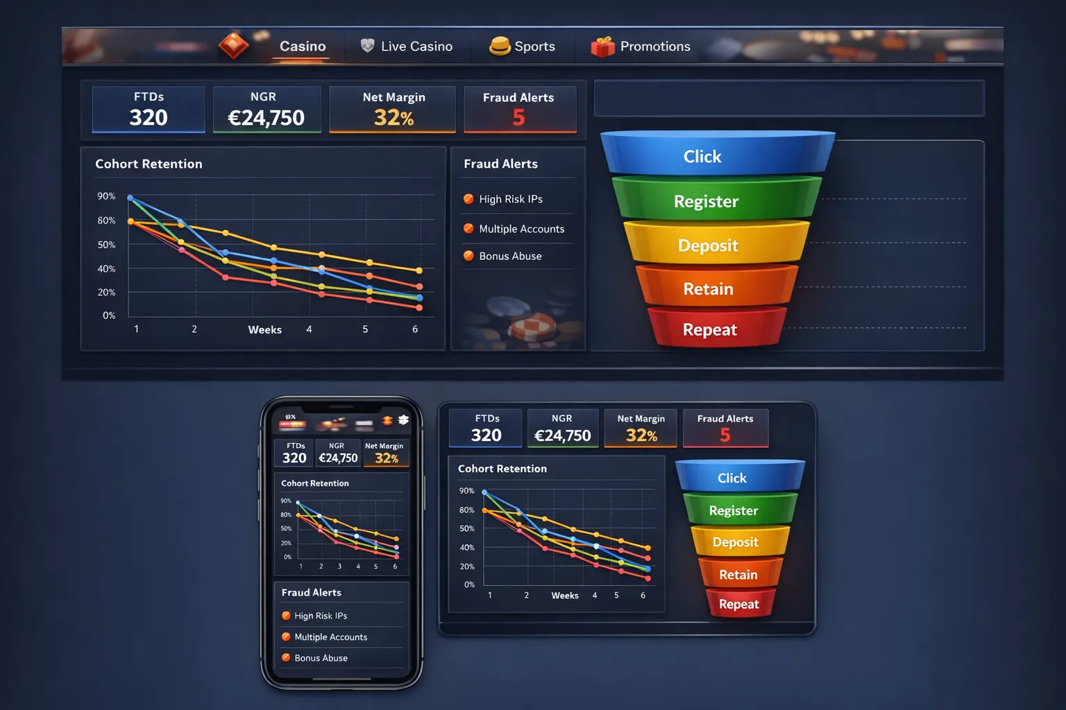 A clean, data-rich affiliate dashboard showing FTDs, NGR, net margin, cohort retention curves, and fraud alerts; a simple funnel diagram beside it with stages labeled click, register, deposit, retain, and repeat, set against a modern casino UI with mobile and desktop variants.