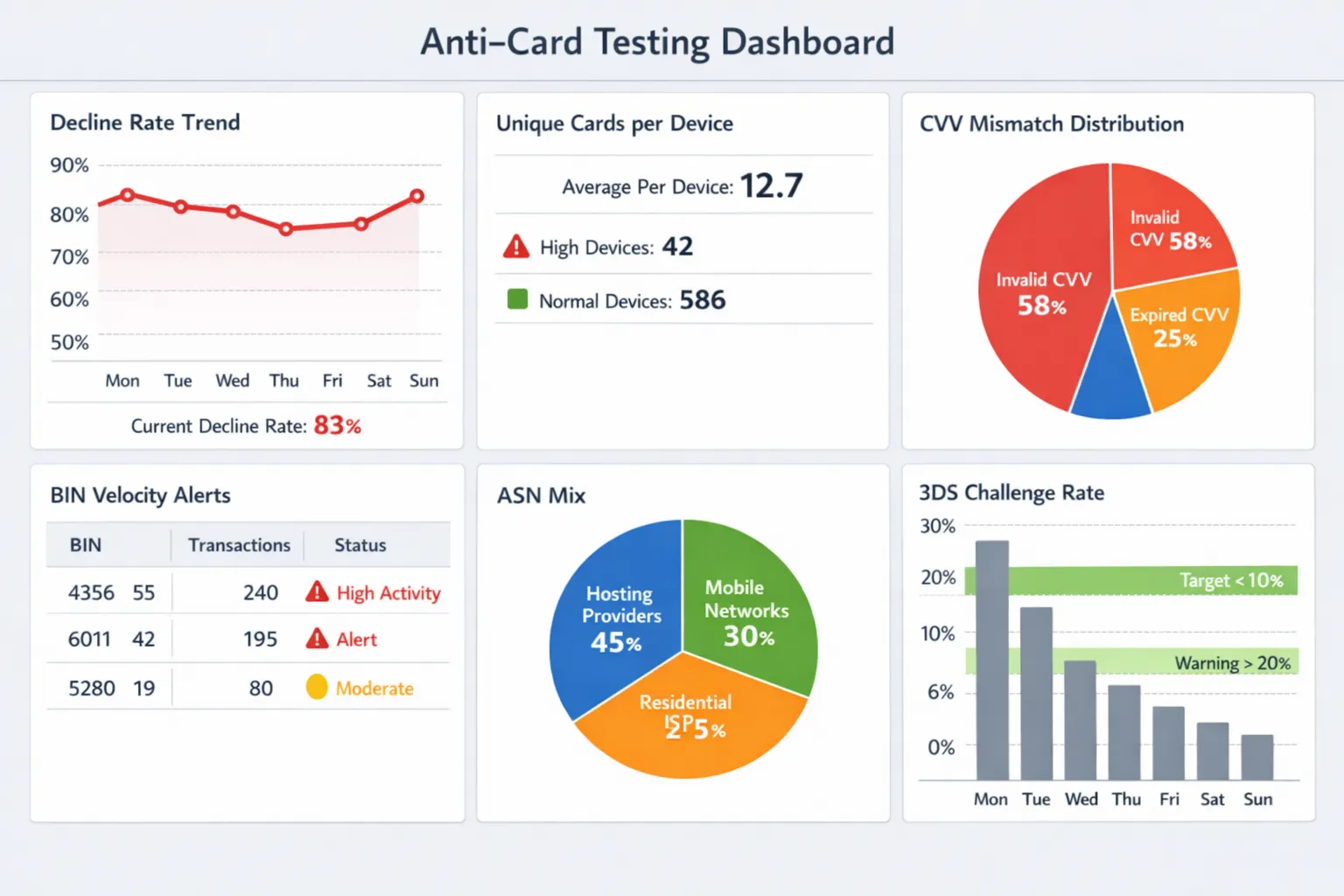A clean operator dashboard showing key anti‑card‑testing KPIs: decline rate trend, unique cards per device, CVV mismatch distribution, BIN velocity alerts, ASN mix, and a 3DS challenge rate chart with green thresholds.