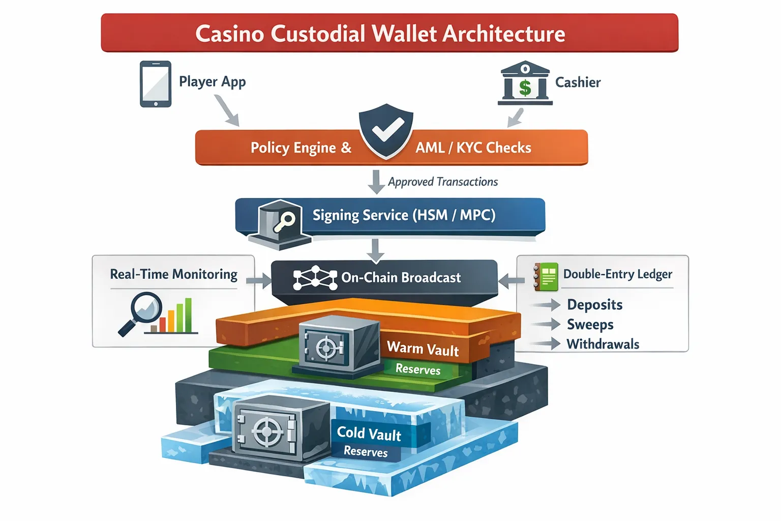 A layered diagram of a casino custodial wallet architecture: player app and cashier feed a policy engine and AML/KYC checks; approved transactions go to a signing service (HSM or MPC), then to on‑chain broadcast; real‑time monitoring and a double‑entry ledger reconcile deposits, sweeps, and withdrawals; warm and cold vault tiers hold reserves.