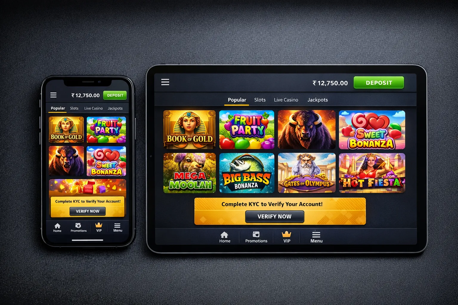 A mobile-first online casino interface showing a clean lobby with curated slot tiles, a prominent deposit button, localized currency display, and a simple KYC prompt, displayed across a phone and a tablet on a dark background.
