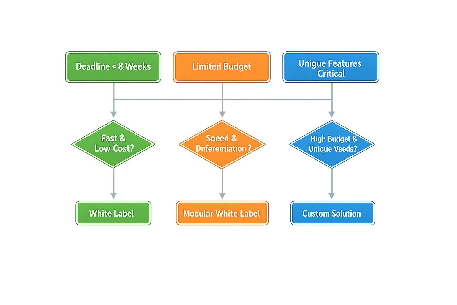 A simple decision tree diagram that starts with three inputs, deadline, budget, and need for unique features, and branches to white label if deadline is under 8 weeks and budget is limited, to custom if unique features are critical and budget is high, and to modular white label if both speed and differentiation are required.
