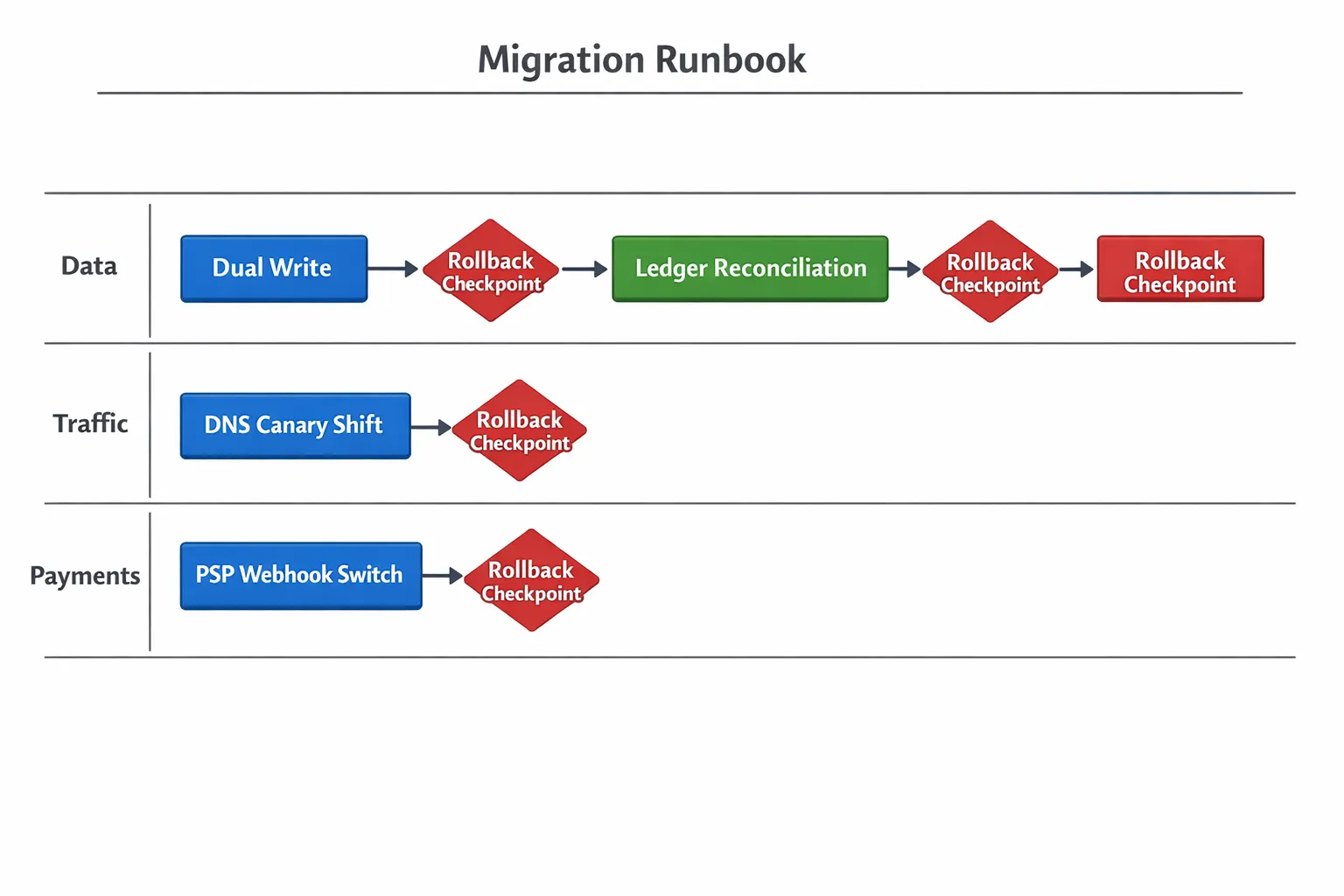 A simple migration runbook diagram with three swimlanes for Data, Traffic, and Payments. Steps show dual write, DNS canary shift, PSP webhook switch, ledger reconciliation, and rollback checkpoints.