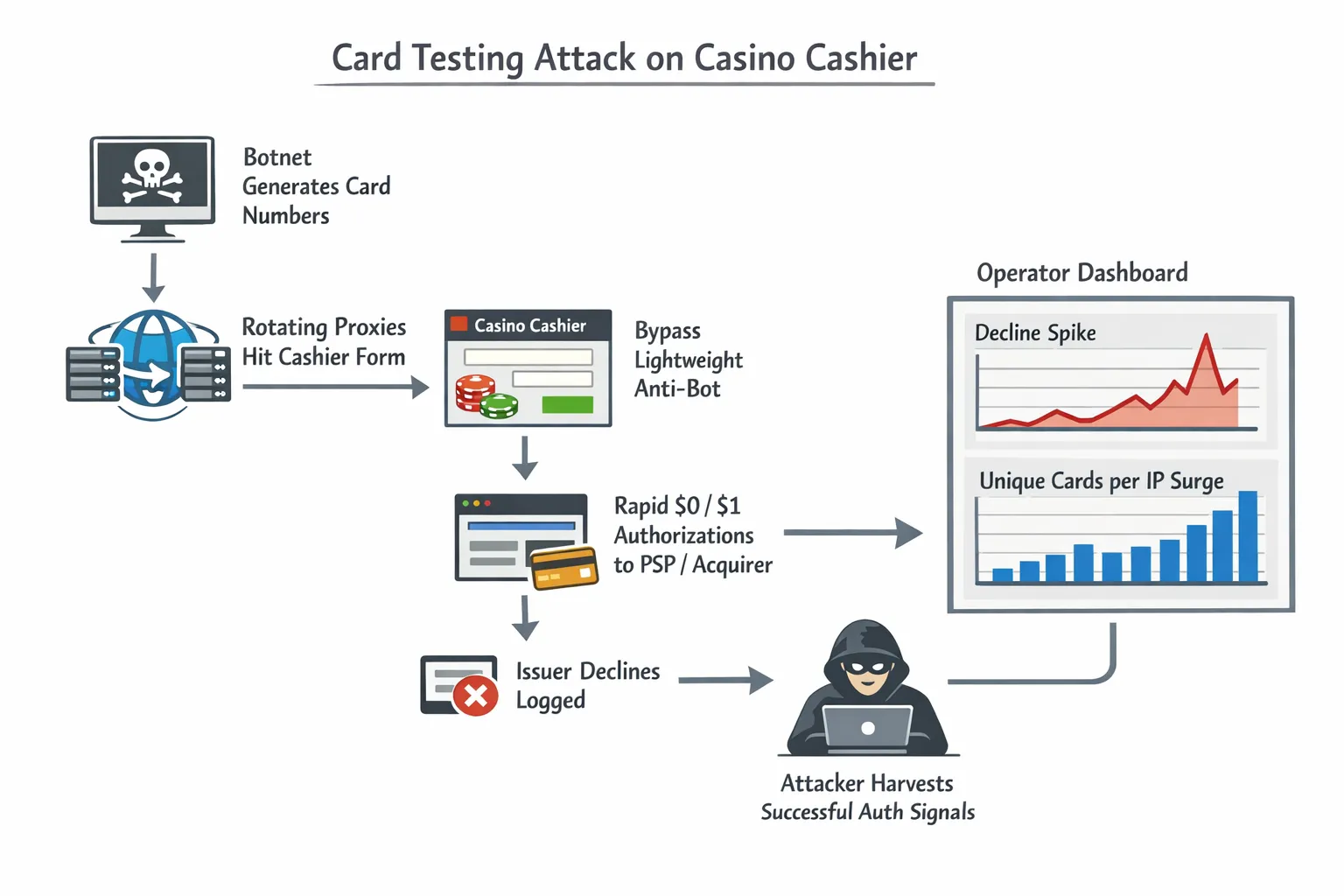 A simplified flow diagram of a card testing attack against a casino cashier: botnet generates card numbers, hits cashier form through rotating proxies, passes lightweight anti‑bot, fires rapid $0 or $1 authorizations to PSP/acquirer, issuer declines logged; attacker harvests successful auth signals; operator dashboard shows decline spike and unique cards per IP surge.