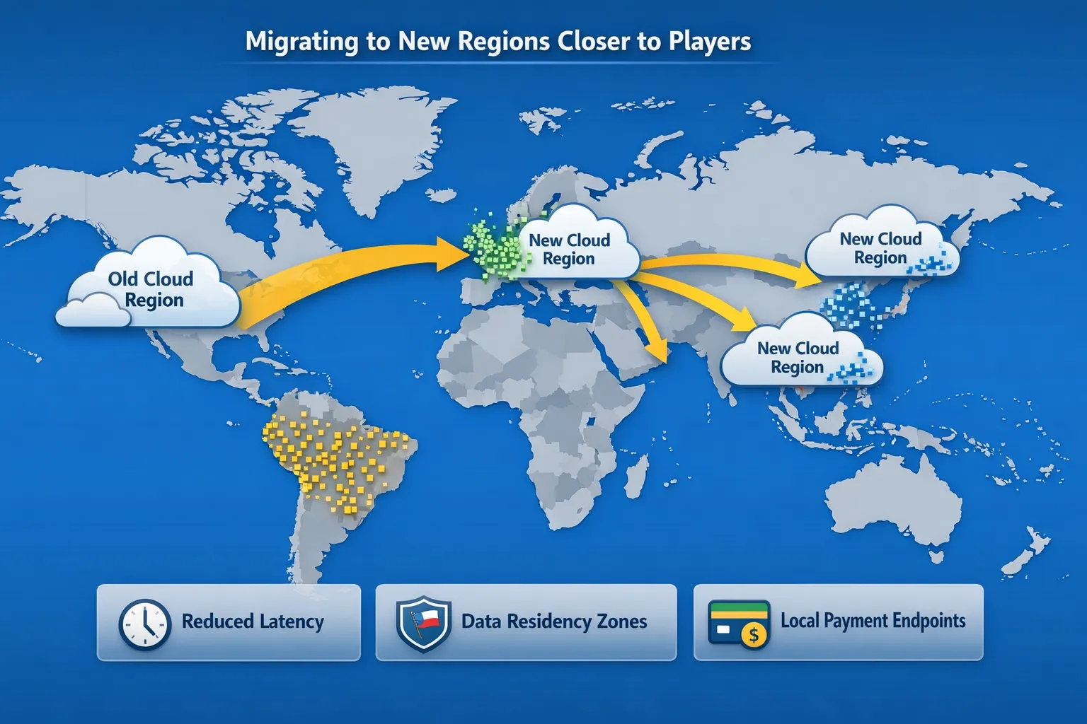 A world map with dots indicating player clusters in Europe, LATAM, and Southeast Asia. Arrows show traffic moving from an old cloud region to a new region closer to players, with annotations for latency reduction, data residency zones, and payment endpoints.