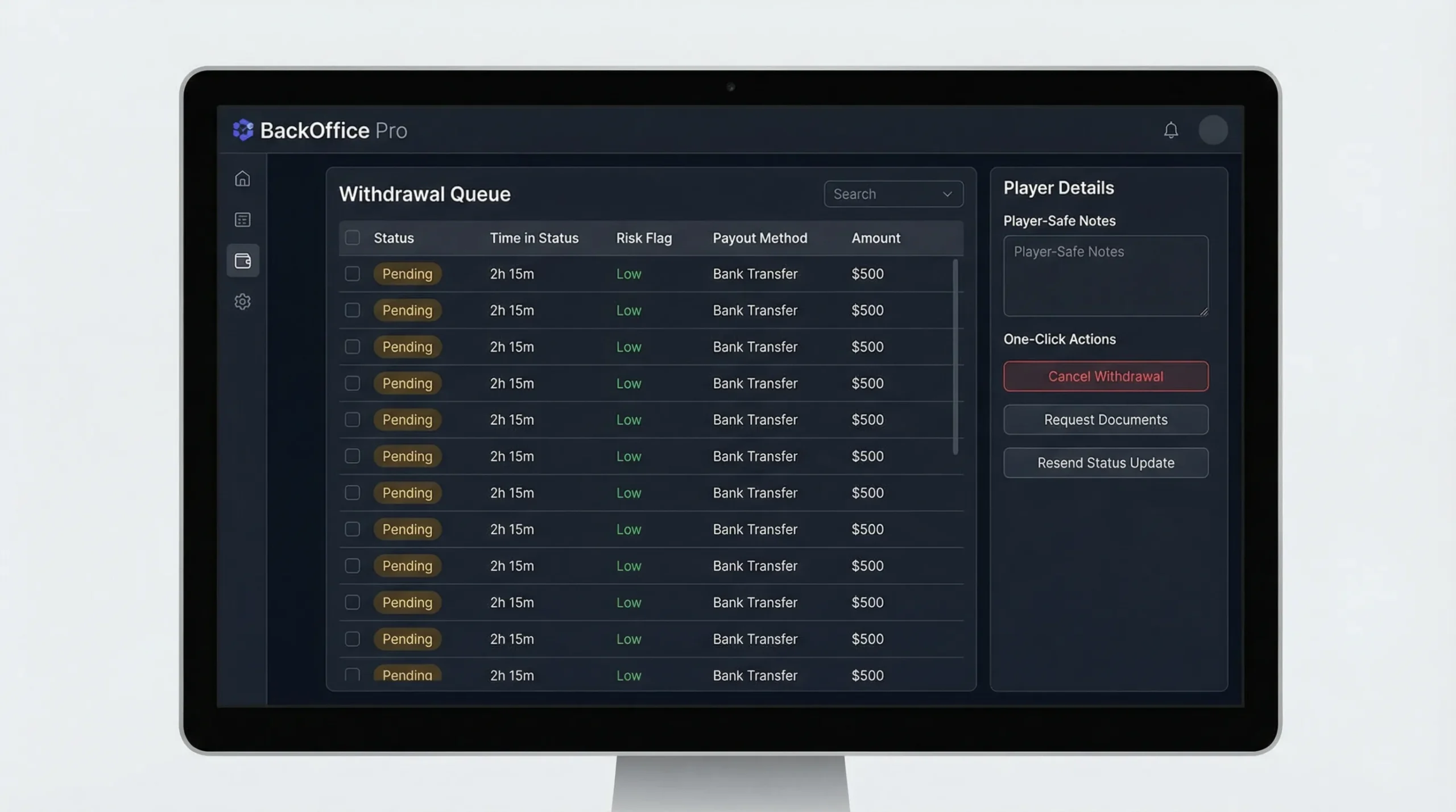 A backoffice-style dashboard mock showing withdrawal queue columns: status, time in status, risk flag, payout method, and a side panel with player-safe notes and one-click actions like cancel, request documents, or resend status update.