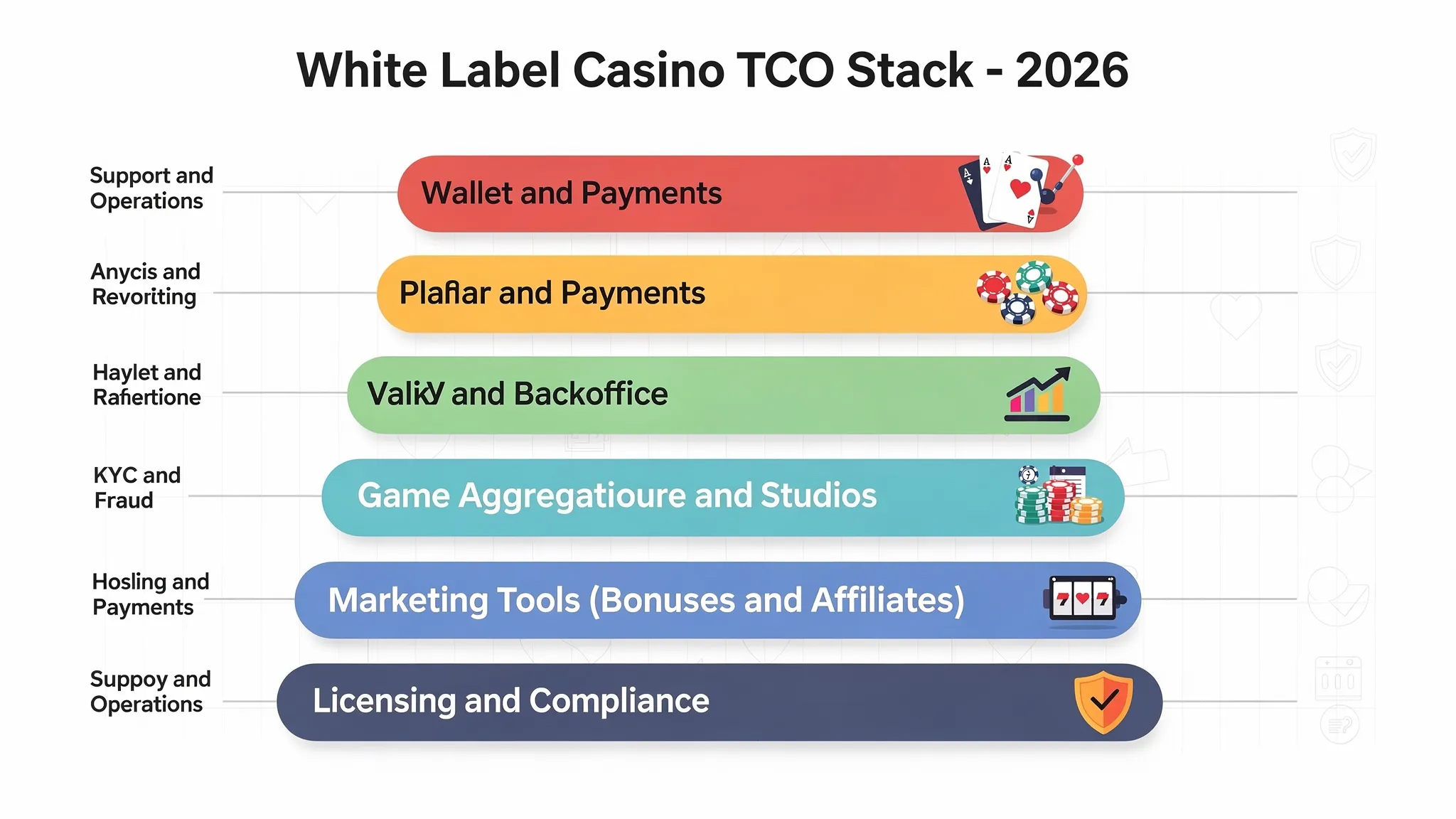 A layered “total cost of ownership” stack diagram for a white label casino in 2026, showing layers from bottom to top: licensing and compliance, hosting and infrastructure, wallet and payments, KYC and fraud, game aggregation and studios, platform and backoffice, marketing tools (bonuses and affiliates), analytics and reporting, and support and operations.