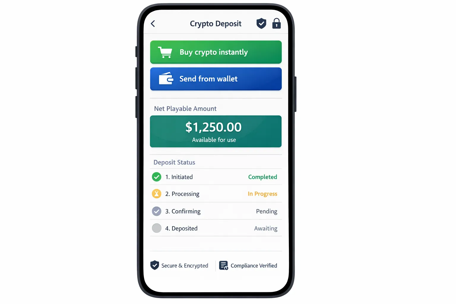 A mobile-first crypto deposit screen mockup showing two large buttons (“Buy crypto instantly” and “Send from wallet”), a net playable amount summary, and a deposit status tracker with confirmation progress, alongside subtle trust and compliance cues.