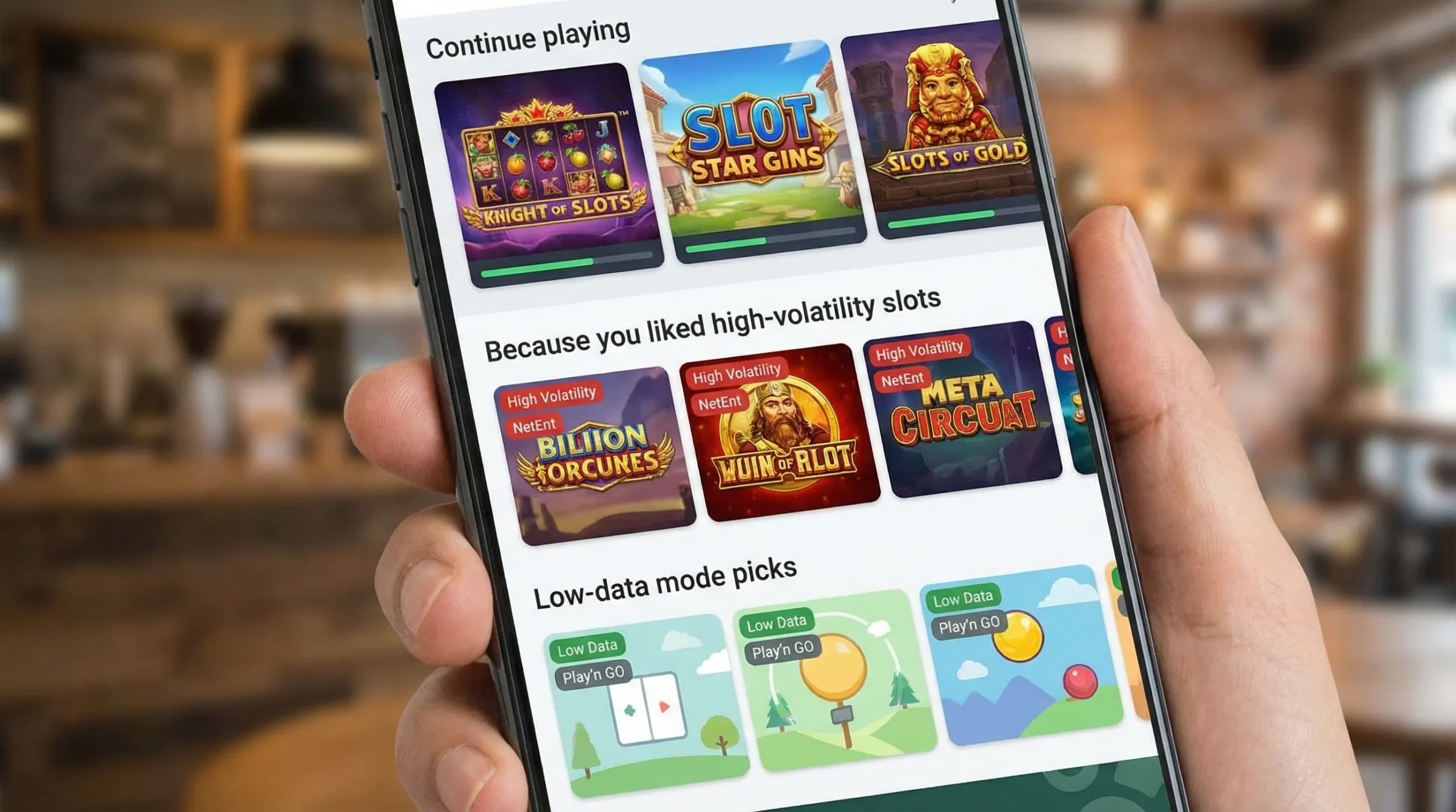 A mobile-first online casino lobby showing personalized rows like “Continue playing,” “Because you liked high-volatility slots,” and “Low-data mode picks,” with small tags on tiles for volatility, provider, and promo eligibility.
