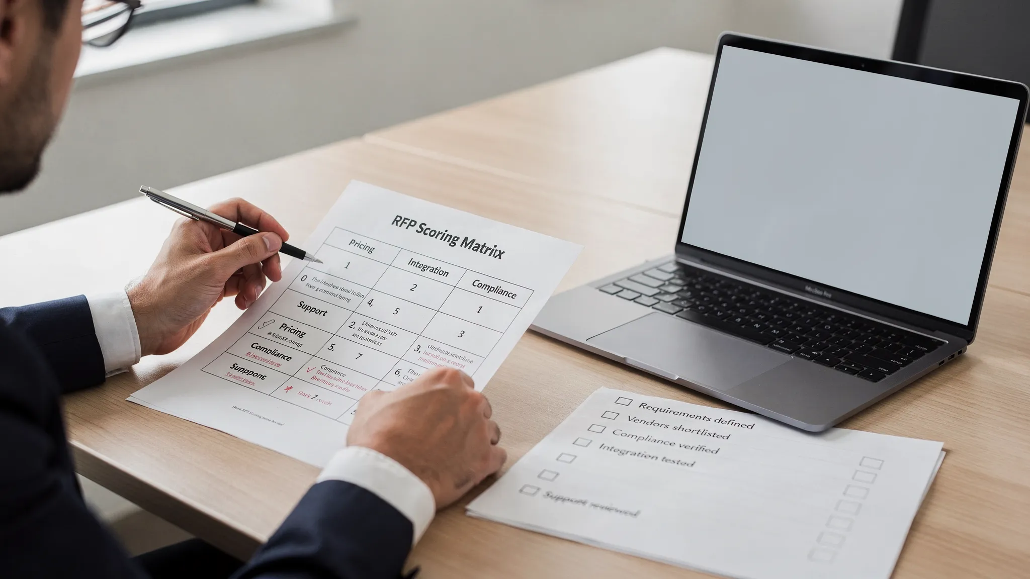 A procurement manager reviewing an iGaming game provider RFP scoring matrix on a desk, with a simple table showing categories like pricing, integration, compliance, and support, alongside a checklist and a laptop (screen facing the viewer but blank).
