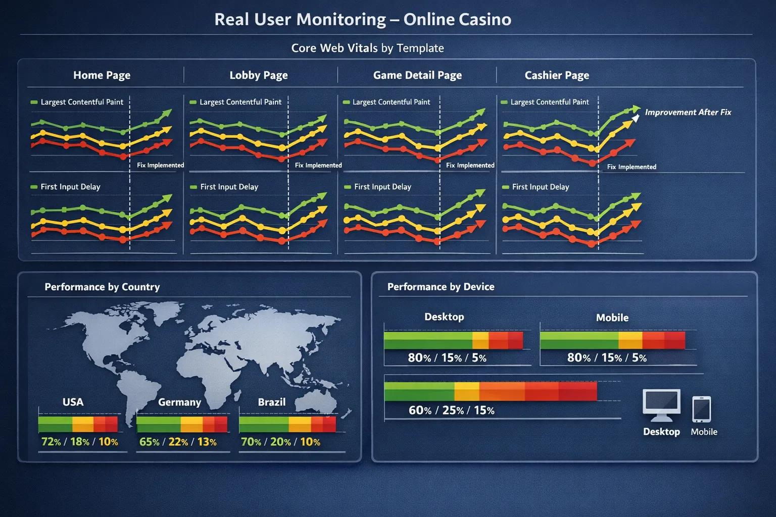 A real-user monitoring dashboard for an online casino showing Core Web Vitals by template (home, lobby, game detail, cashier), broken down by country and device, with trend lines indicating improvements after fixes.