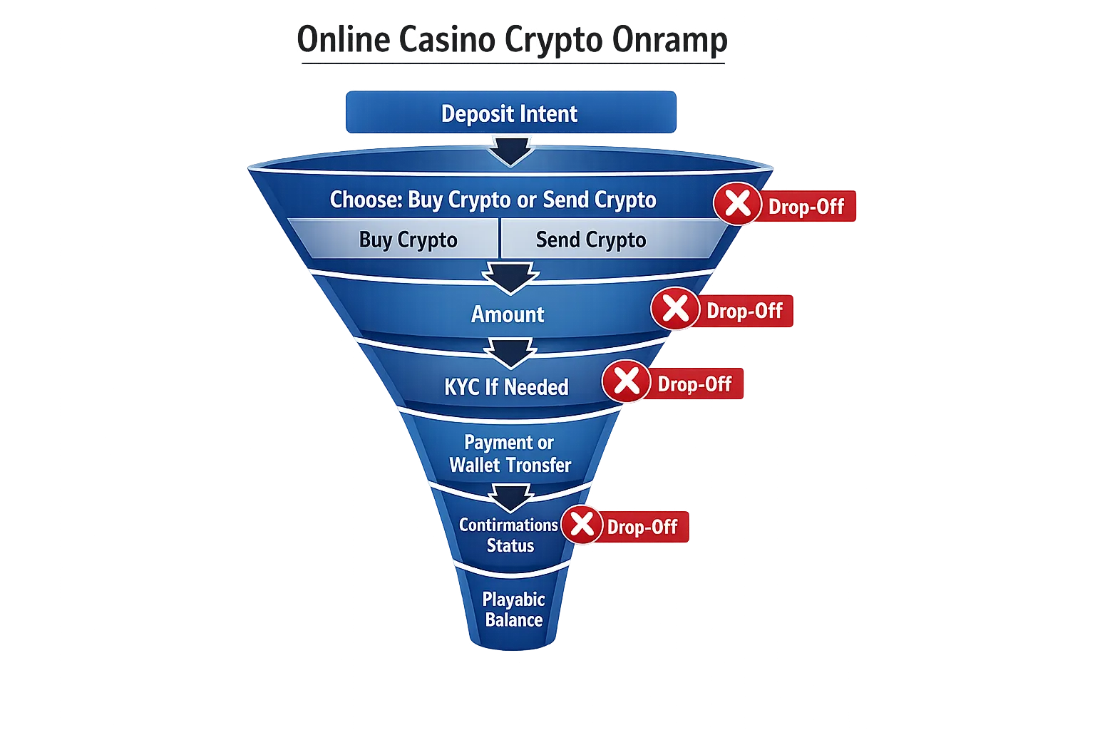 A simple funnel diagram for an online casino crypto onramp, showing steps from “Deposit intent” to “Choose: buy crypto or send crypto,” then “Amount,” “KYC if needed,” “Payment or wallet transfer,” “Confirmations status,” and “Playable balance,” with drop-off points marked at method choice, KYC, and confirmation waiting.