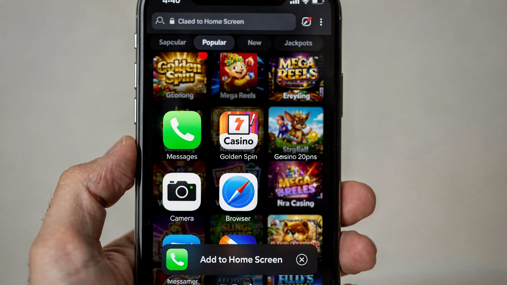 Close-up of a modern smartphone home screen where a casino PWA icon sits alongside native apps, with an in-browser “Add to Home Screen” install prompt and a clean, full-screen slot lobby UI visible.
