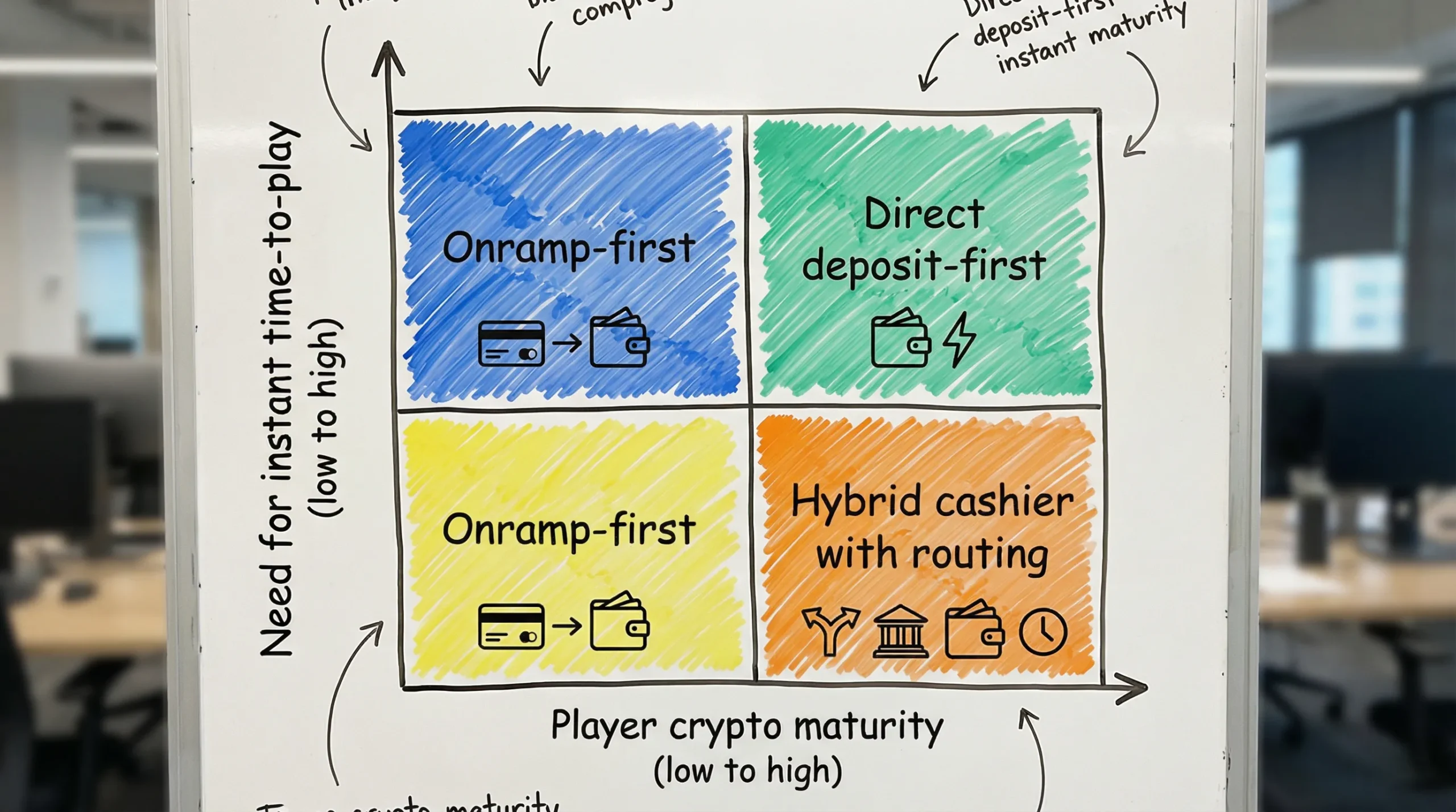 A decision matrix chart for casino payments with two axes: “Player crypto maturity (low to high)” and “Need for instant time-to-play (low to high)”. Quadrants recommend “Onramp-first”, “Direct deposit-first”, or “Hybrid cashier with routing”.