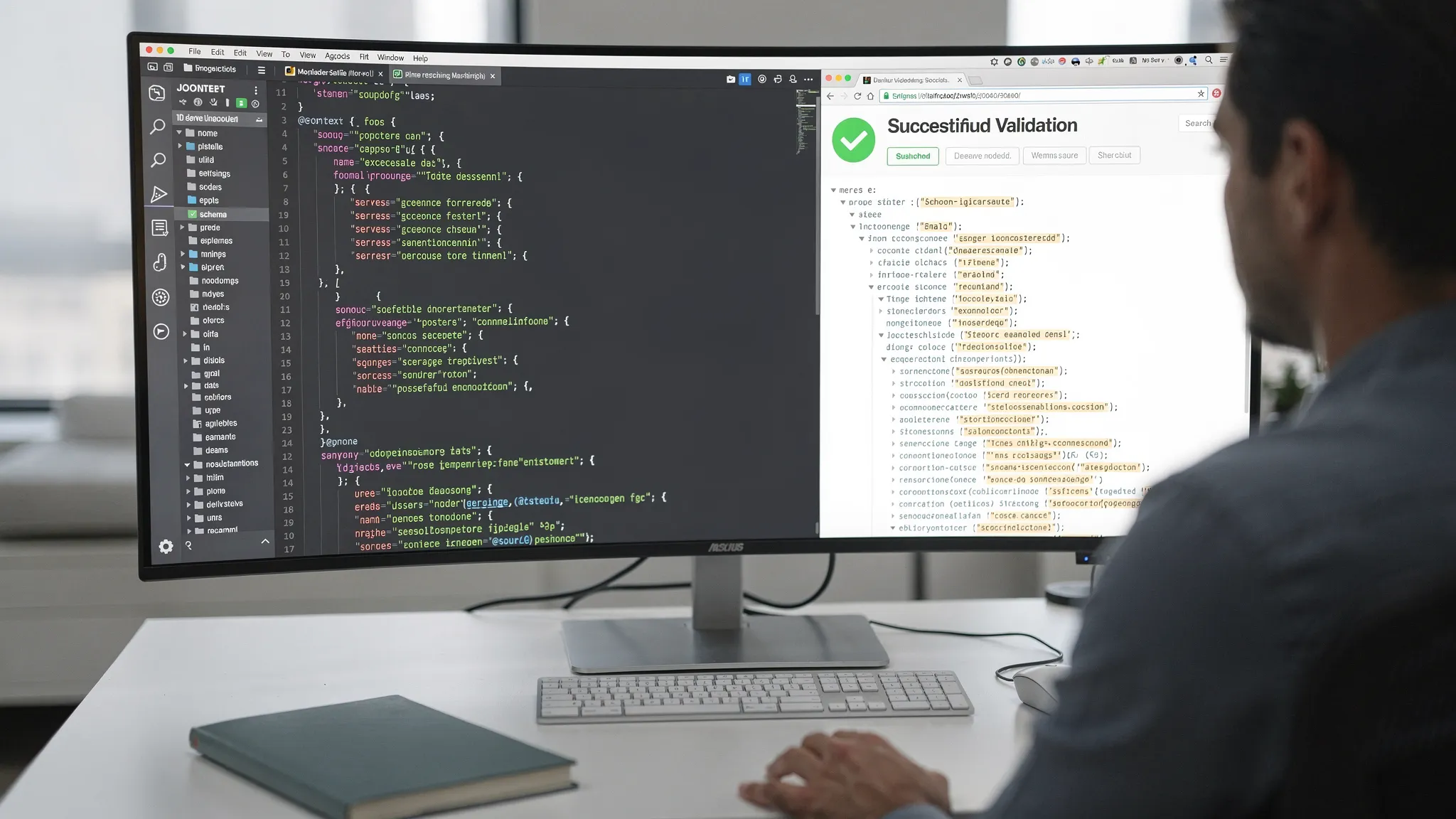 A developer reviewing JSON-LD schema in a code editor next to a browser window showing a structured data validation tool result, with the screen content facing the viewer and no sensitive data displayed.