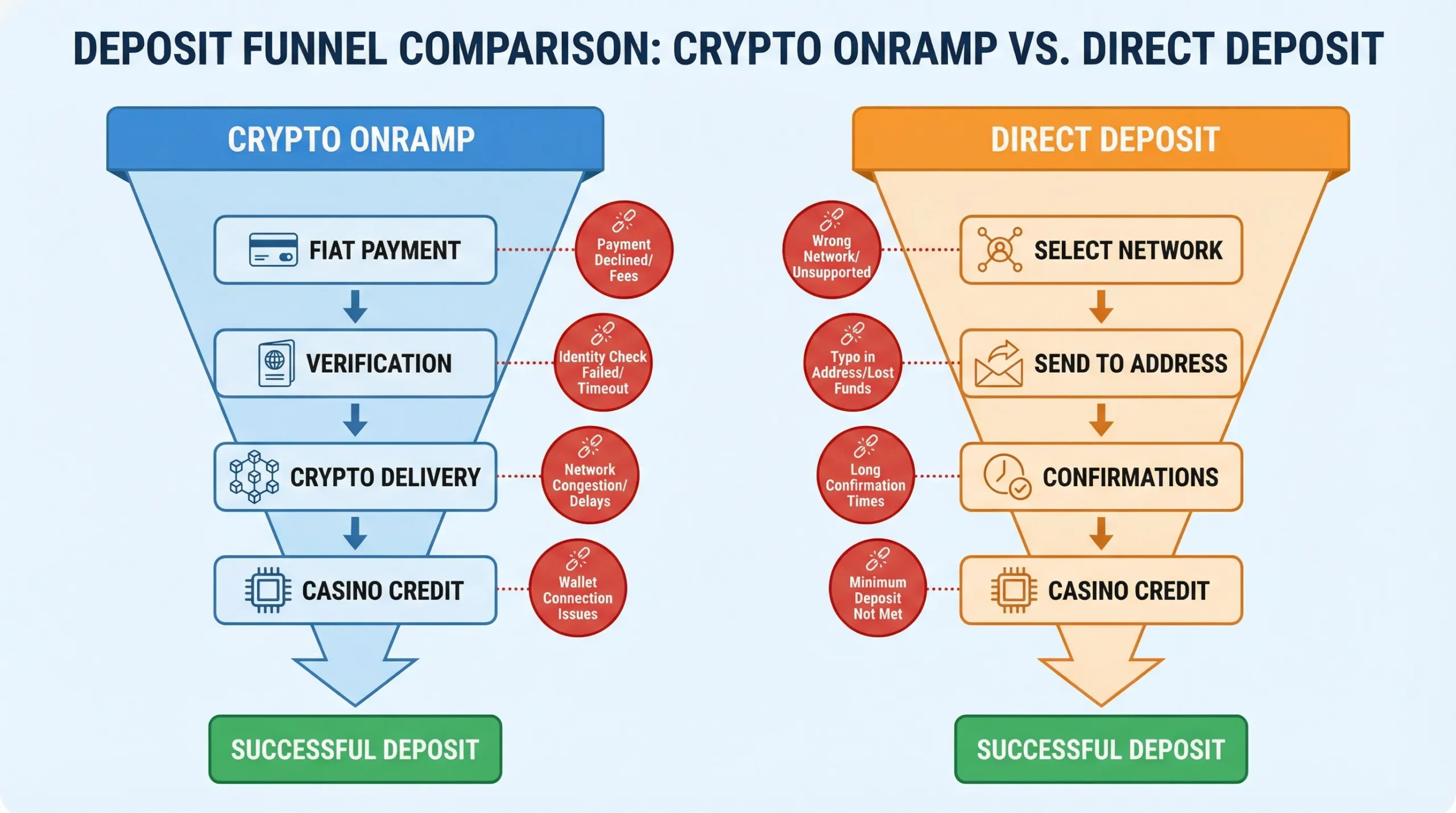 Diagram showing two deposit funnels side by side: left path is “Crypto onramp” with steps (fiat payment, verification, crypto delivery, casino credit). Right path is “Direct deposit” with steps (select network, send to address, confirmations, casino credit). Each step has small callouts for typical drop-off causes.