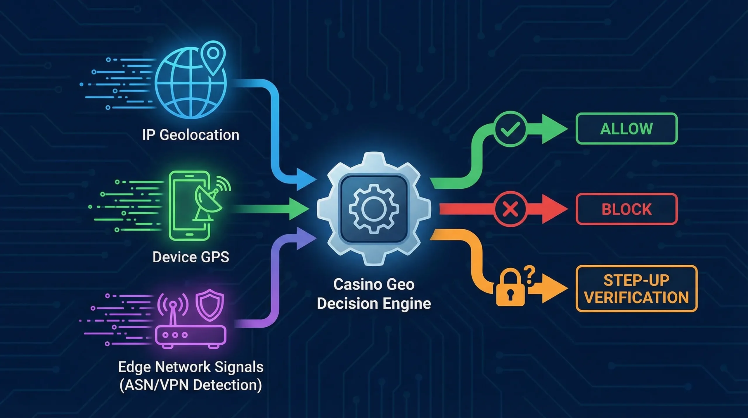 Illustration of three location signals feeding a casino geo decision engine: IP geolocation, device GPS, and edge network signals (ASN/VPN detection), with outputs allow, block, or step-up verification.